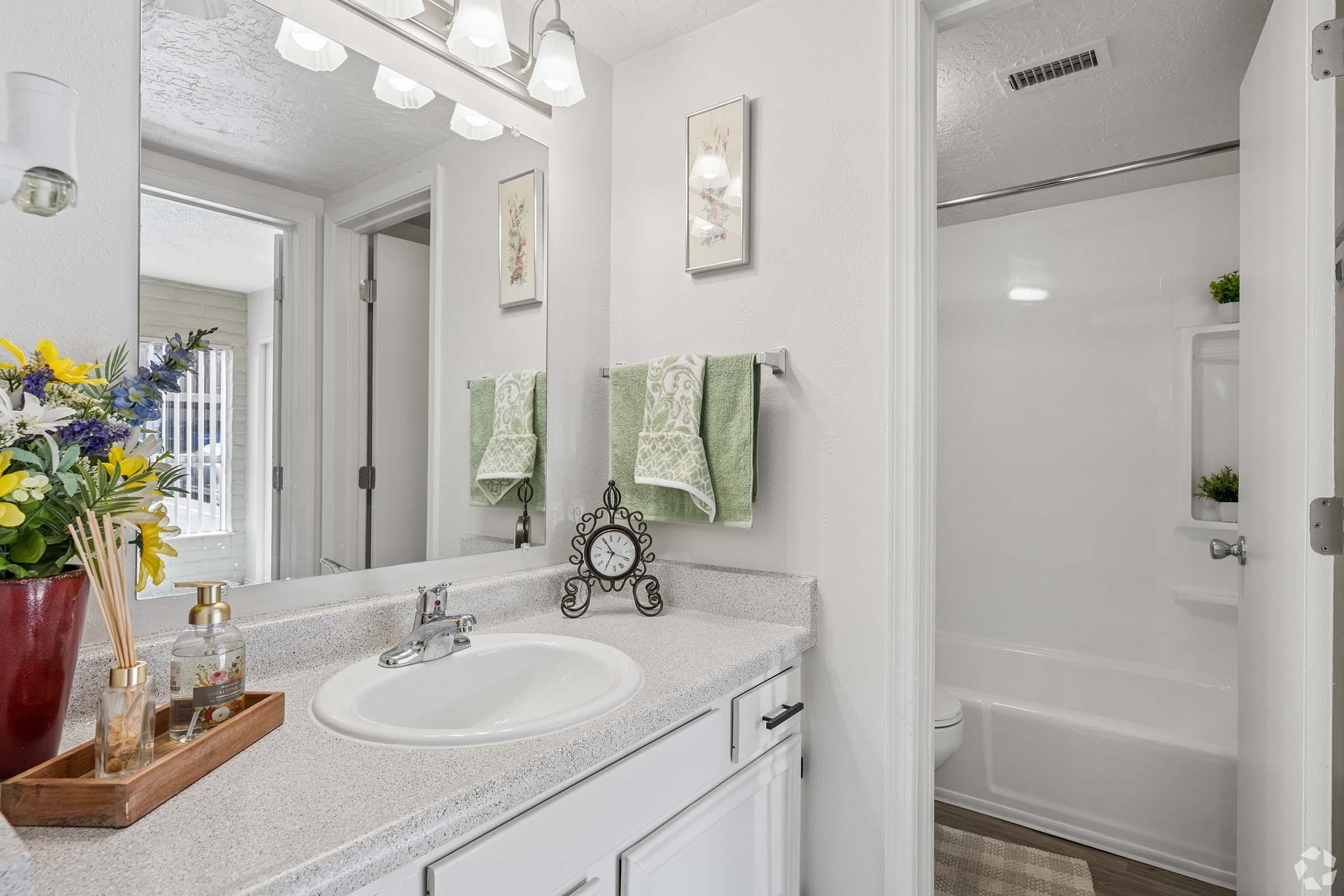 A clean and modern bathroom featuring a white sink with a silver faucet, a decorative mirror, and light fixtures above. There are neatly hung green towels and a small plant on the countertop. A vanity tray holds stylish soap dispensers. The shower and bathtub area is visible, enhancing the overall freshness of the space.