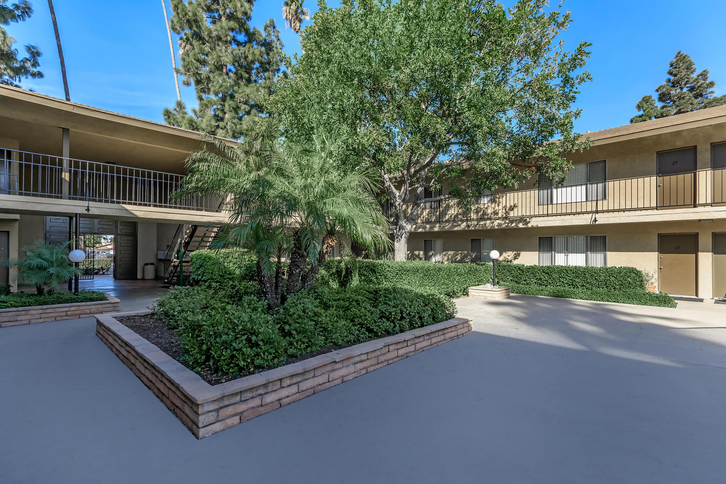 A sunny courtyard of an apartment complex featuring well-maintained landscaping, including a large tree and palm plants. The buildings have two levels with balconies, and there are pathways leading to entrances. The scene is bright with clear blue skies and surrounding greenery.