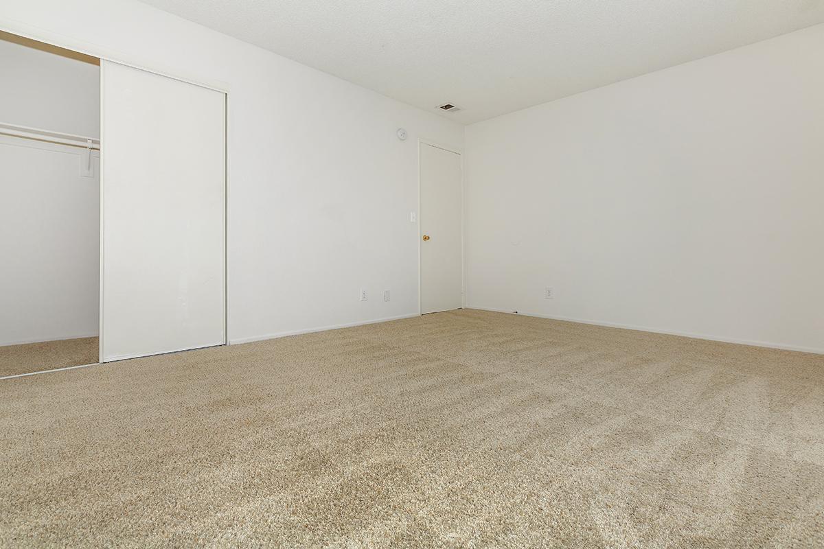 A spacious, empty room with beige carpet, white walls, and a closet on the left. There's a door on the right leading to another space, with no furniture or decorations present, creating an open and minimalistic atmosphere.