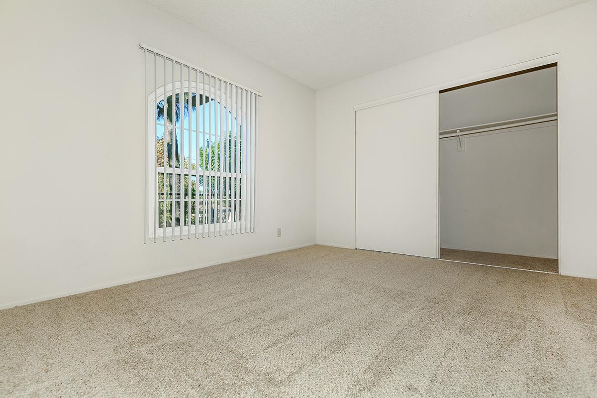 Empty room with beige carpeted flooring, featuring a large arched window with vertical blinds allowing natural light. A closed sliding closet door is visible on the right side. The walls are painted white, creating a bright and spacious atmosphere.