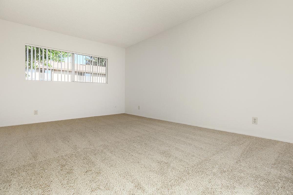 A spacious, empty room with light beige carpet and white walls. A small window with vertical blinds allows natural light to enter. The room has no furniture, showcasing its open layout and potential for personalization.