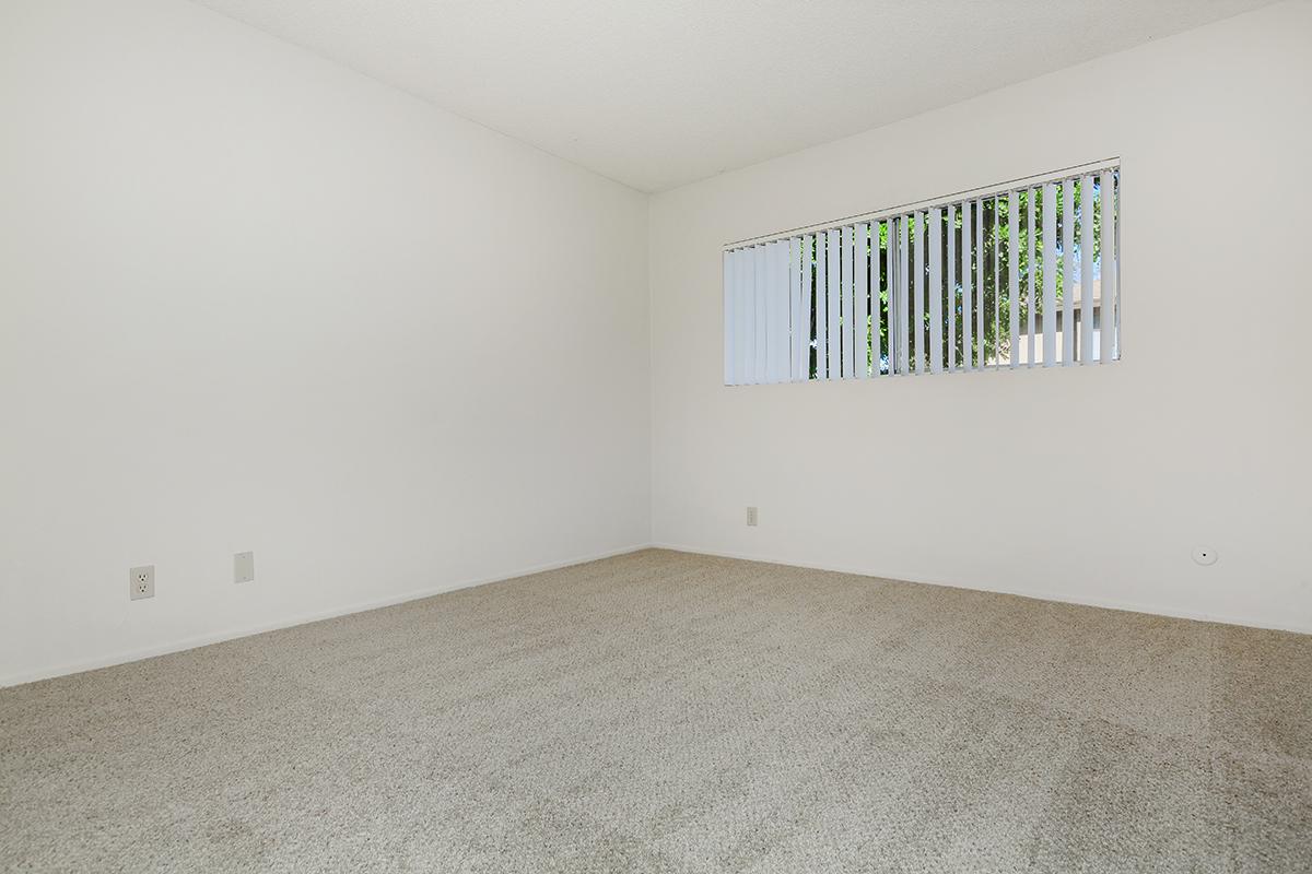A spacious, empty room featuring beige carpeted flooring and plain white walls. There is a single window with vertical blinds on one wall, allowing natural light to enter. The overall atmosphere is bright and minimalistic, suitable for various uses or personal customization.