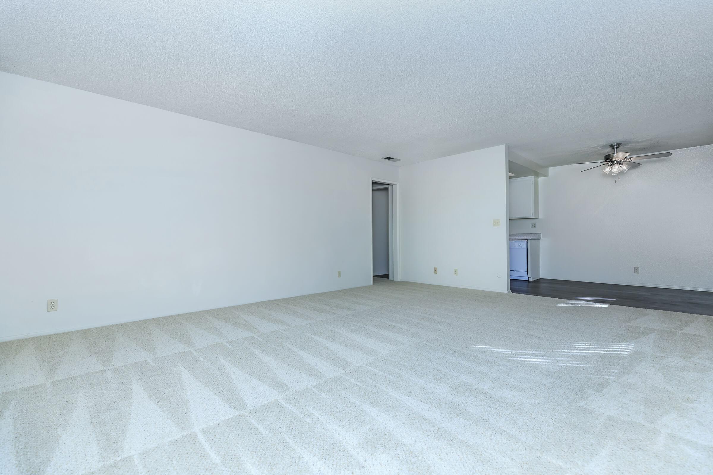 A spacious, empty room with light-colored carpet and white walls. Natural light filters through a window, creating soft shadows on the floor. A doorway leads to another room, and in the background, a kitchen can be seen with minimal furnishings. The overall atmosphere is bright and inviting.