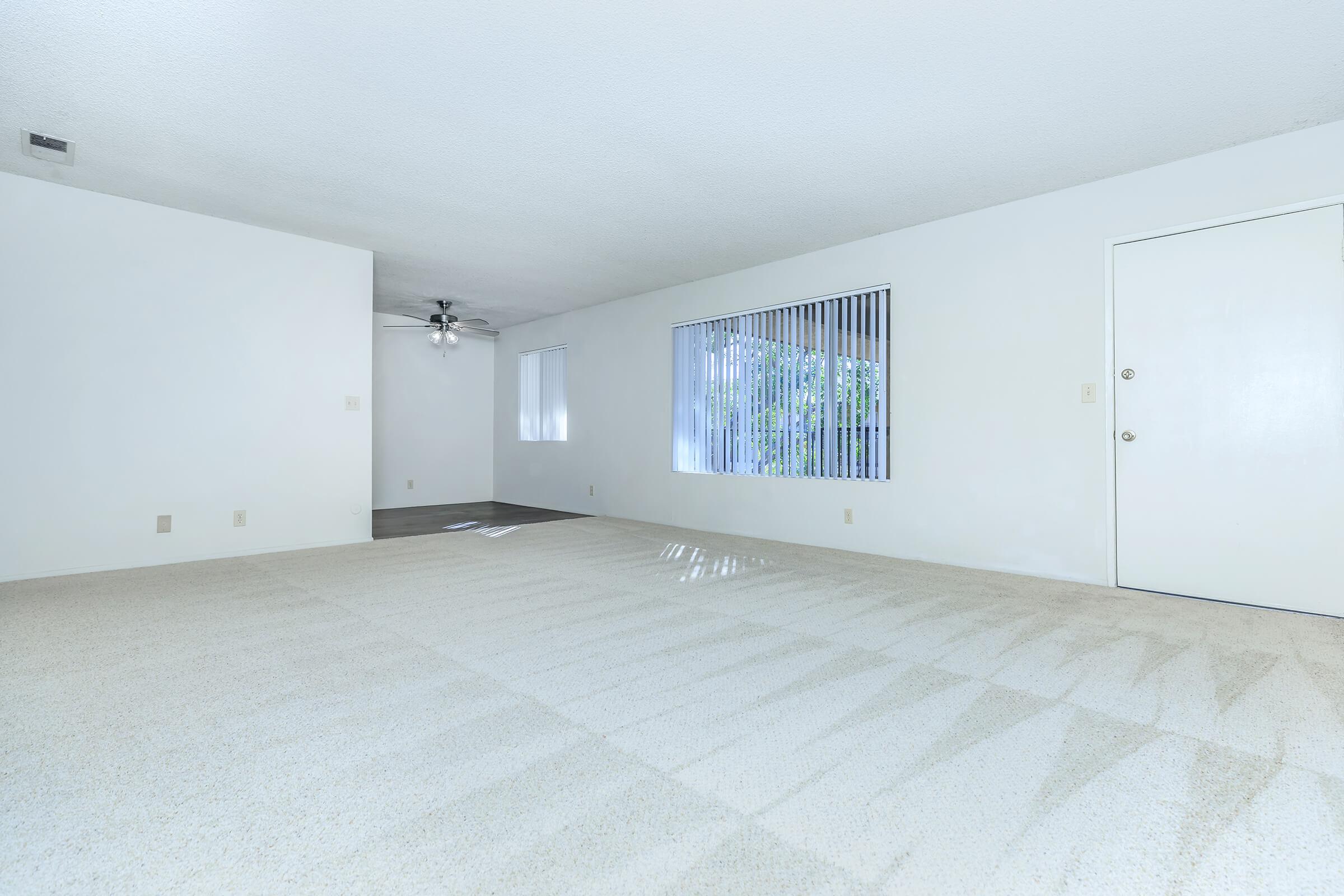 A spacious, empty living room featuring light-colored carpet, white walls, and a ceiling fan. There are large windows with vertical blinds allowing natural light, and a door leading outside. The room is unadorned, creating a blank canvas for furnishings and décor.