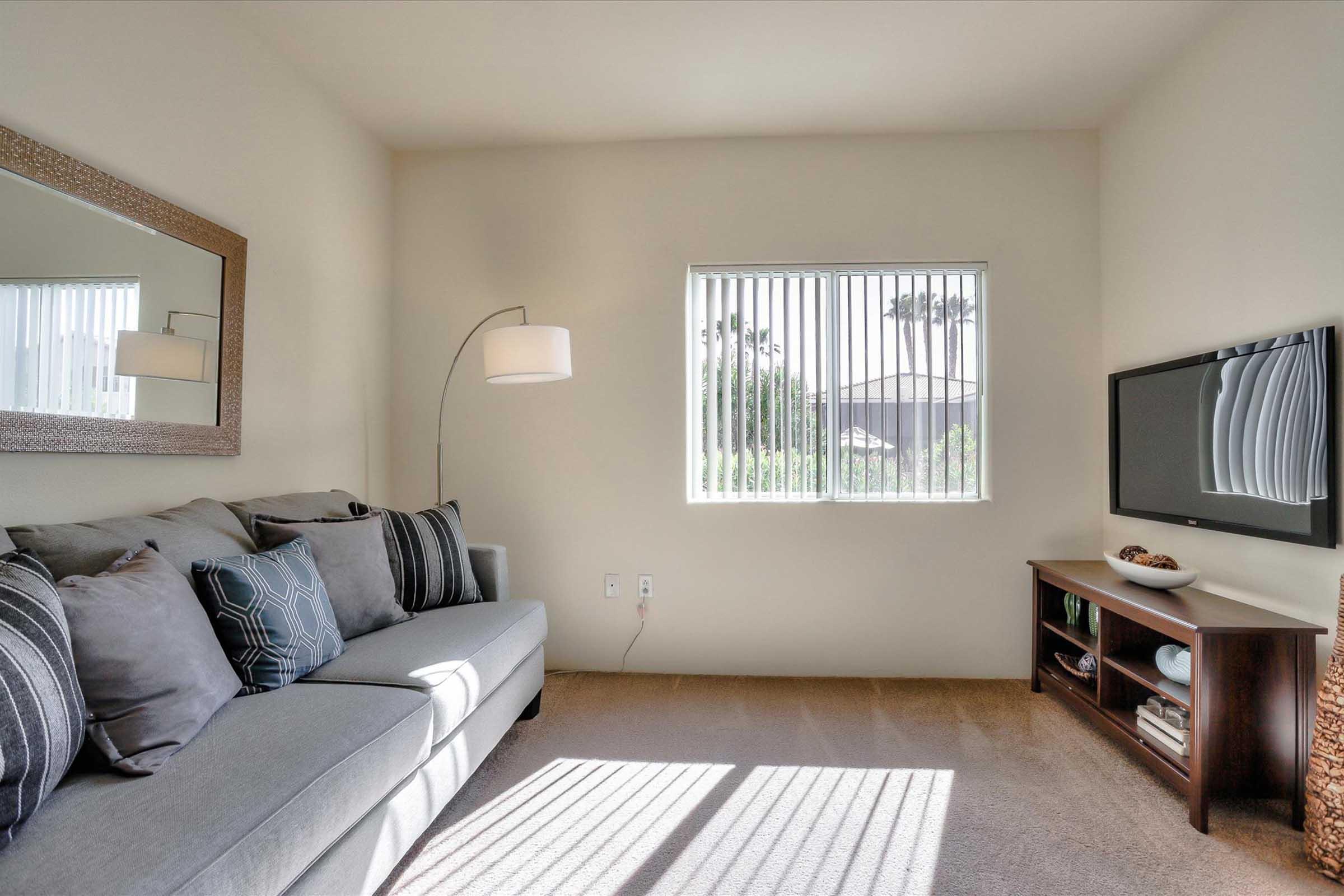 A cozy living room featuring a light gray sofa adorned with decorative pillows, a floor lamp beside it, a wooden coffee table with a decorative bowl, and a flat-screen TV mounted on the wall. Natural light streams in through a window with vertical blinds, casting shadows on the carpeted floor.