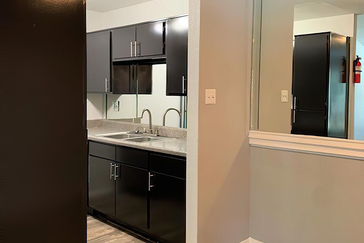 a double sink and large mirror