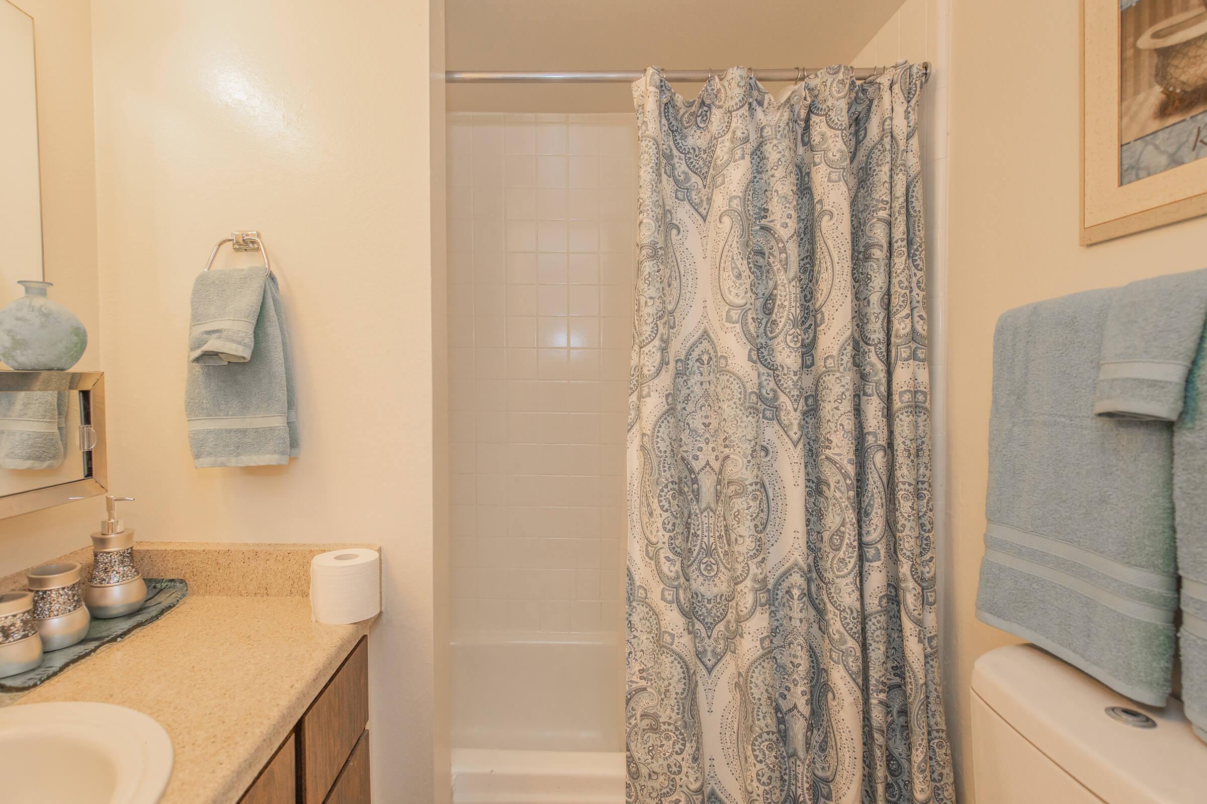 a shower curtain next to a sink