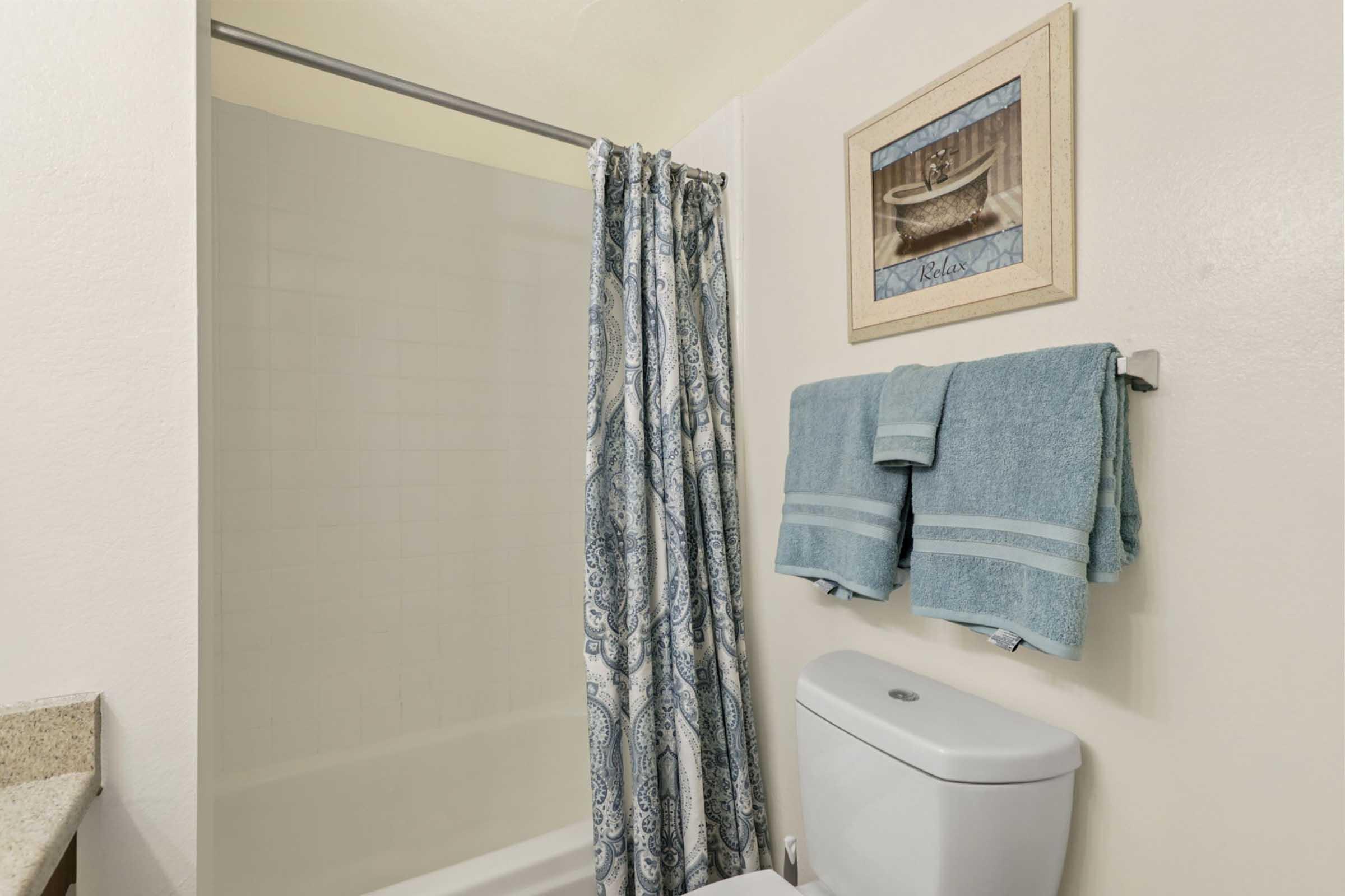 A clean bathroom featuring a shower with a curtain, a toilet, and two neatly hung towels. A framed picture of a bathtub decorates the wall, while the countertop is made of granite, adding a modern touch to the space. The color scheme includes soft blues and neutral tones.