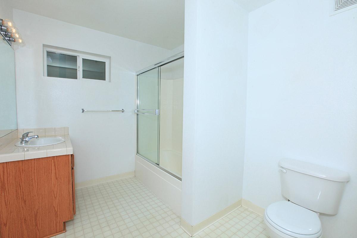 Bathroom with single sink and shower doors on tub