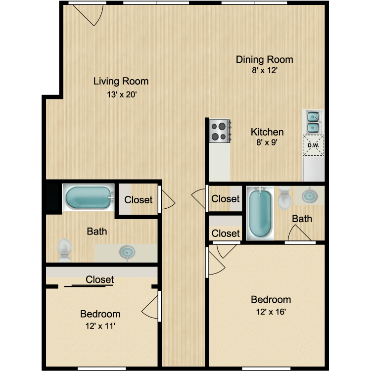 2 Bed 2 Bath , a 2 bedroom 2 bathroom floor plan.
