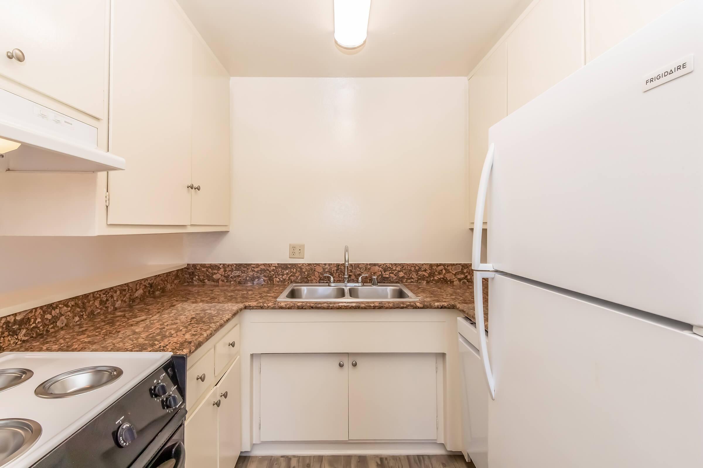 A small kitchen with white cabinetry and a granite countertop. It features a double sink, a white refrigerator, and a black stove. The walls are painted a light shade, and the flooring is a wood-like vinyl. The space is well-lit with a ceiling light.