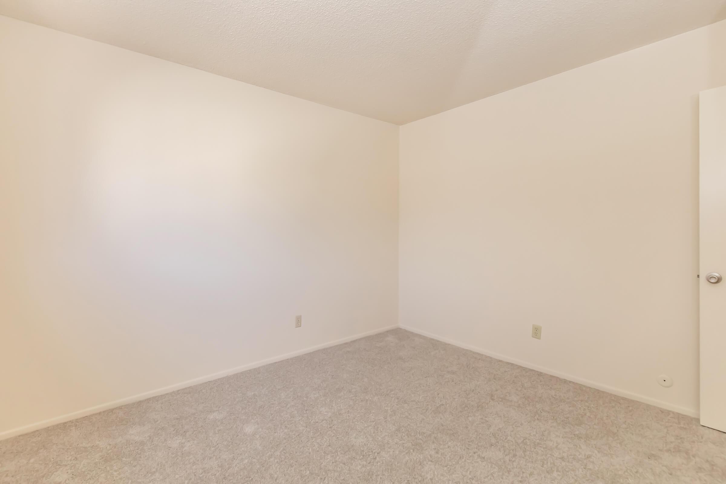 A vacant room with light-colored walls and a textured carpet. One corner features a closet with a closed door. The space is well-lit, emphasizing the emptiness and simplicity of the interior.