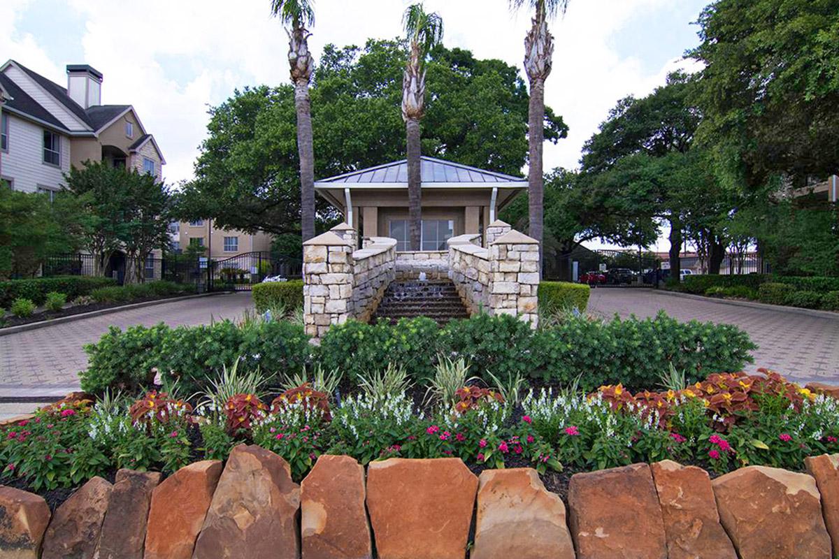 a close up of a flower garden in front of a building