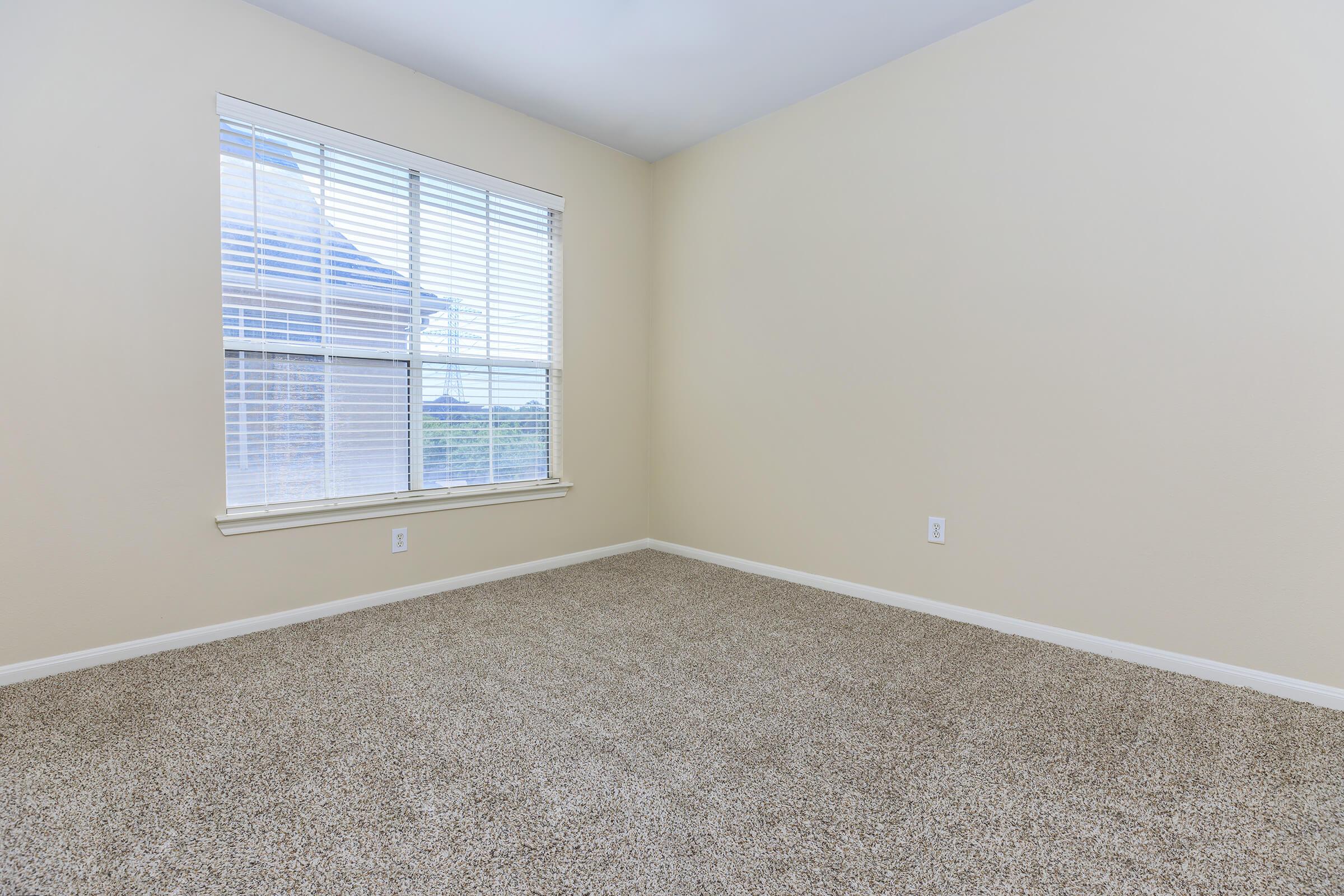 A bright, empty room with beige walls and light-colored carpet. A large window with white blinds allows natural light to fill the space. The room is unfurnished, creating a clean and open atmosphere.