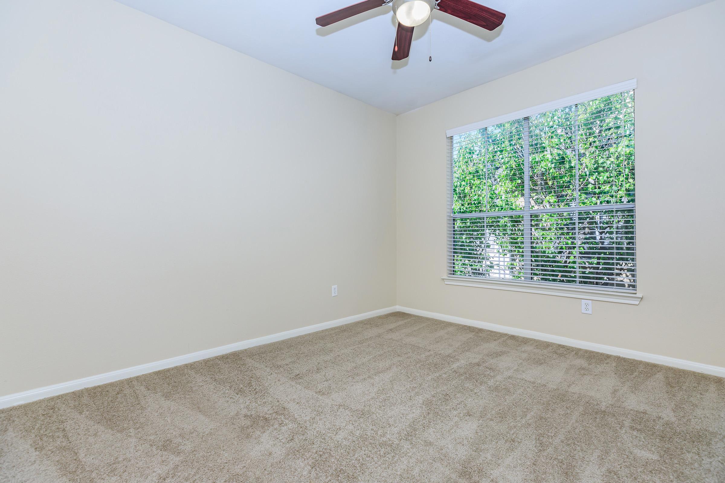 Empty room with light beige walls and carpeted flooring. It features a ceiling fan and a large window with white blinds, allowing natural light to enter. The view outside includes greenery.