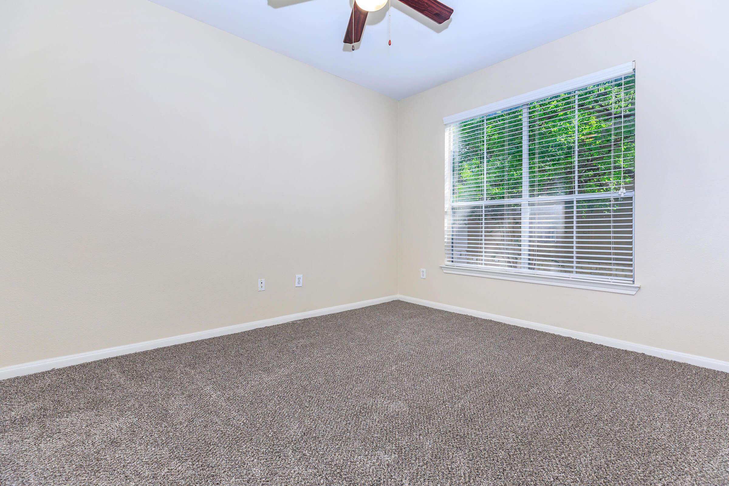 Empty room with beige walls and light brown carpet. A ceiling fan is visible, and there is a large window with white blinds letting in natural light. The space has a clean and minimalistic appearance.