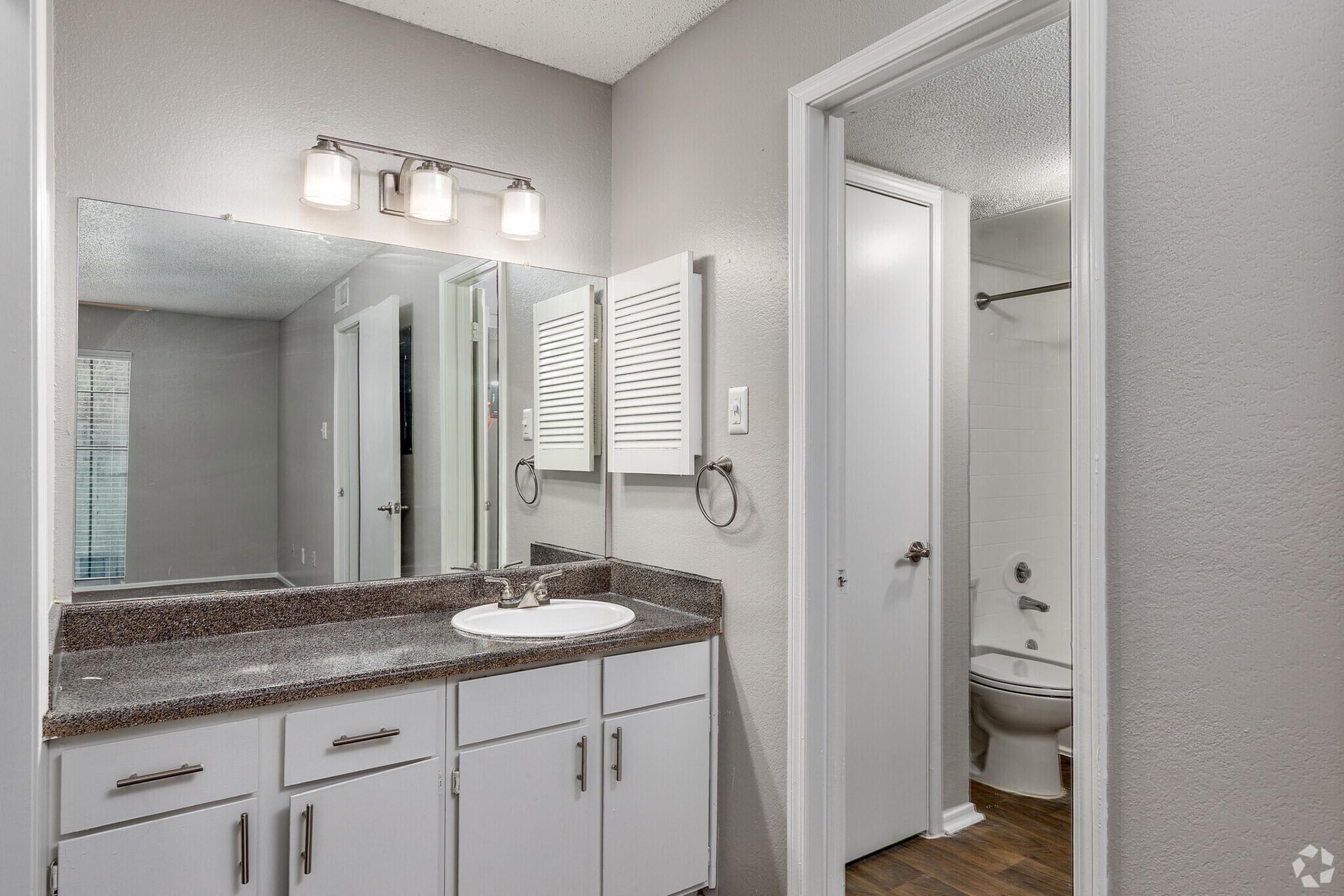 A modern bathroom featuring a double-sink vanity with a granite countertop, a large mirror with three light fixtures above, and a bathroom entrance leading to a toilet. The walls are painted in a light gray color, and there is a framed window visible in the background.