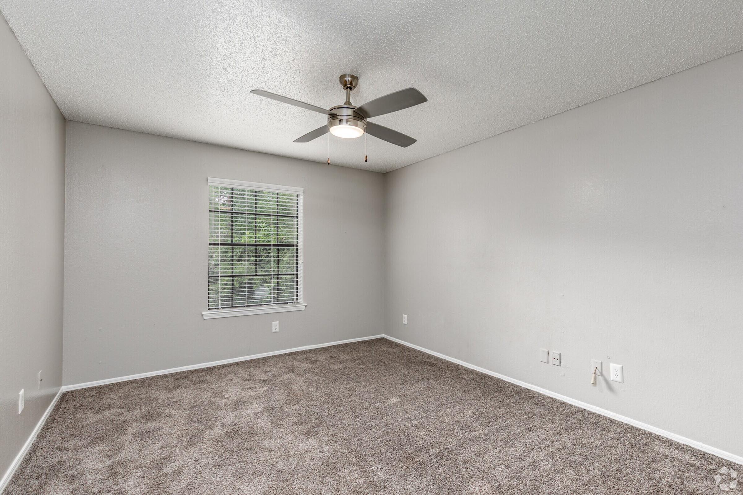 Empty room with light gray walls and plush brown carpet. A simple ceiling fan is mounted above, and there is a window with blinds allowing natural light to enter. The room appears bright and spacious, ideal for personalization or furnishing. Electrical outlets are visible on the wall.