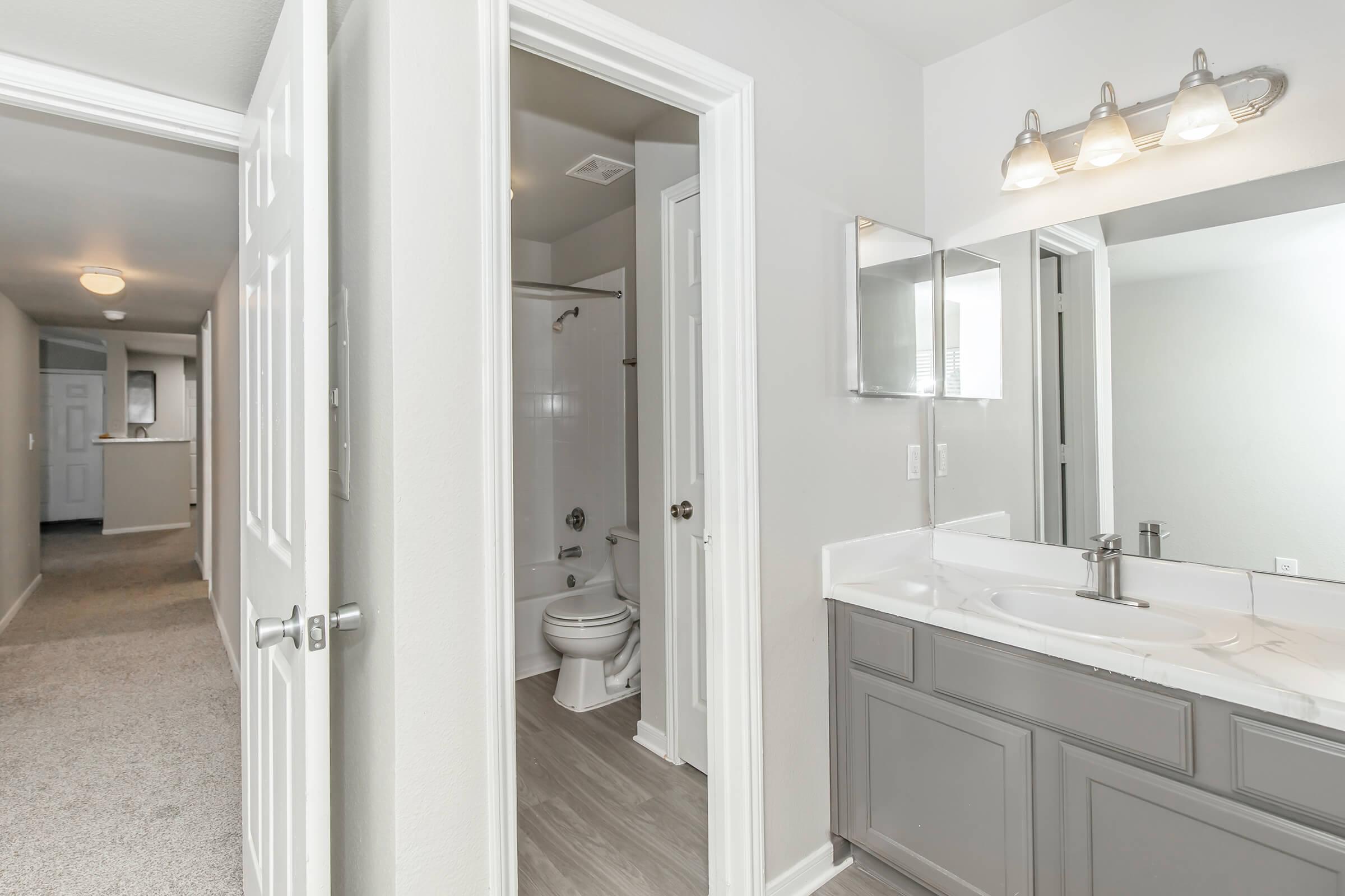 A bright bathroom featuring a granite countertop with a sink, a large mirror, and three light fixtures above. A doorway leads to a separate toilet and shower area. The walls are painted a light gray, and there is soft carpet in the hallway visible in the background.