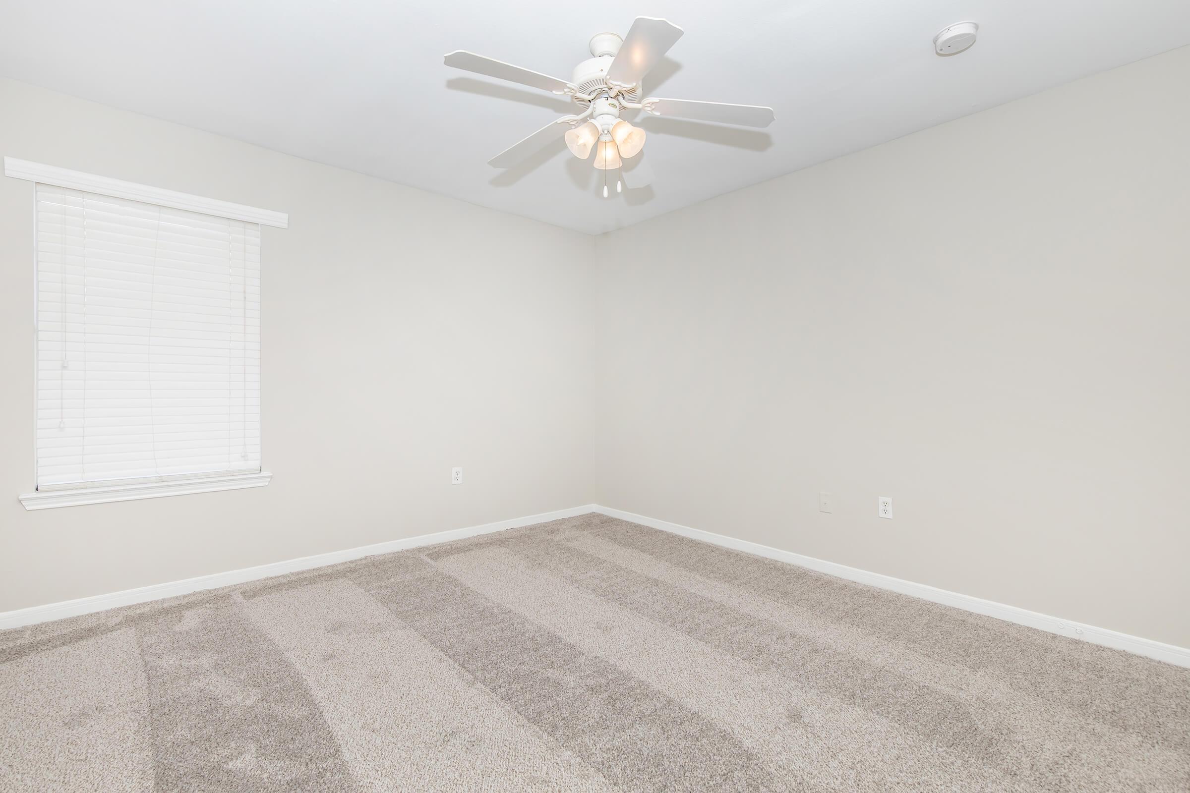 Empty room with light gray carpet and a ceiling fan. There is a window with white blinds letting in natural light, and the walls are painted a soft beige. The space is unadorned, likely intended for use as a bedroom or office.