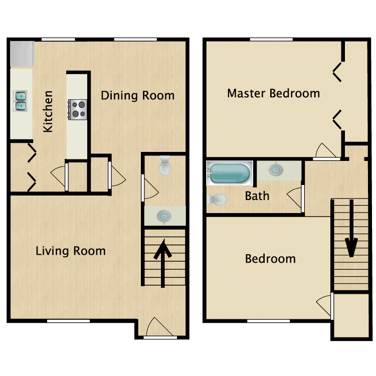 Floor plan image of 2 Bed 1.5 Bath Townhouse