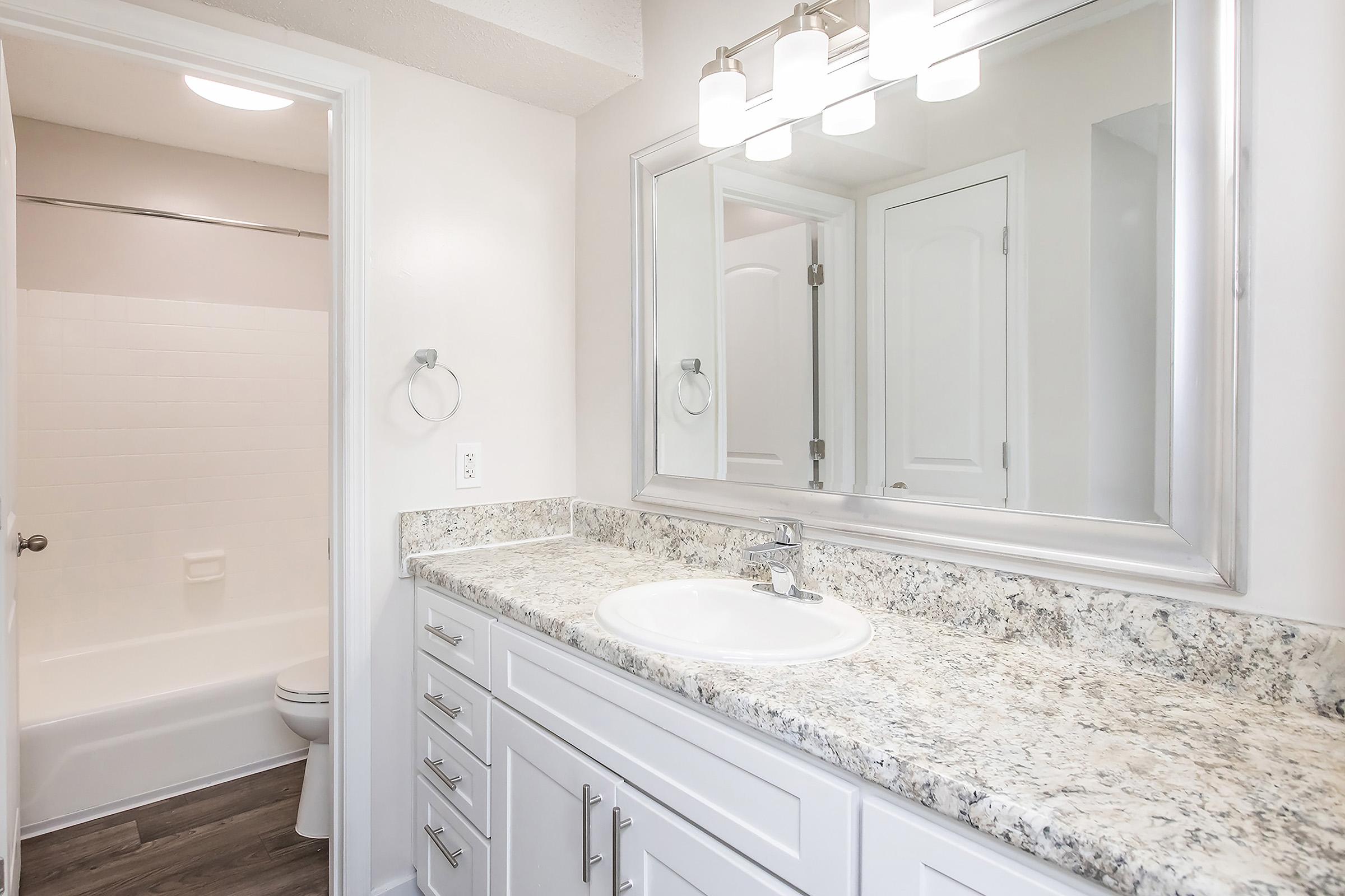 Bright, modern bathroom featuring a white vanity with a granite countertop, a large mirror, and three light fixtures above. A shower area is visible in the background, with a white bathtub and clean, neutral-colored walls. The space is well-lit and neatly organized.