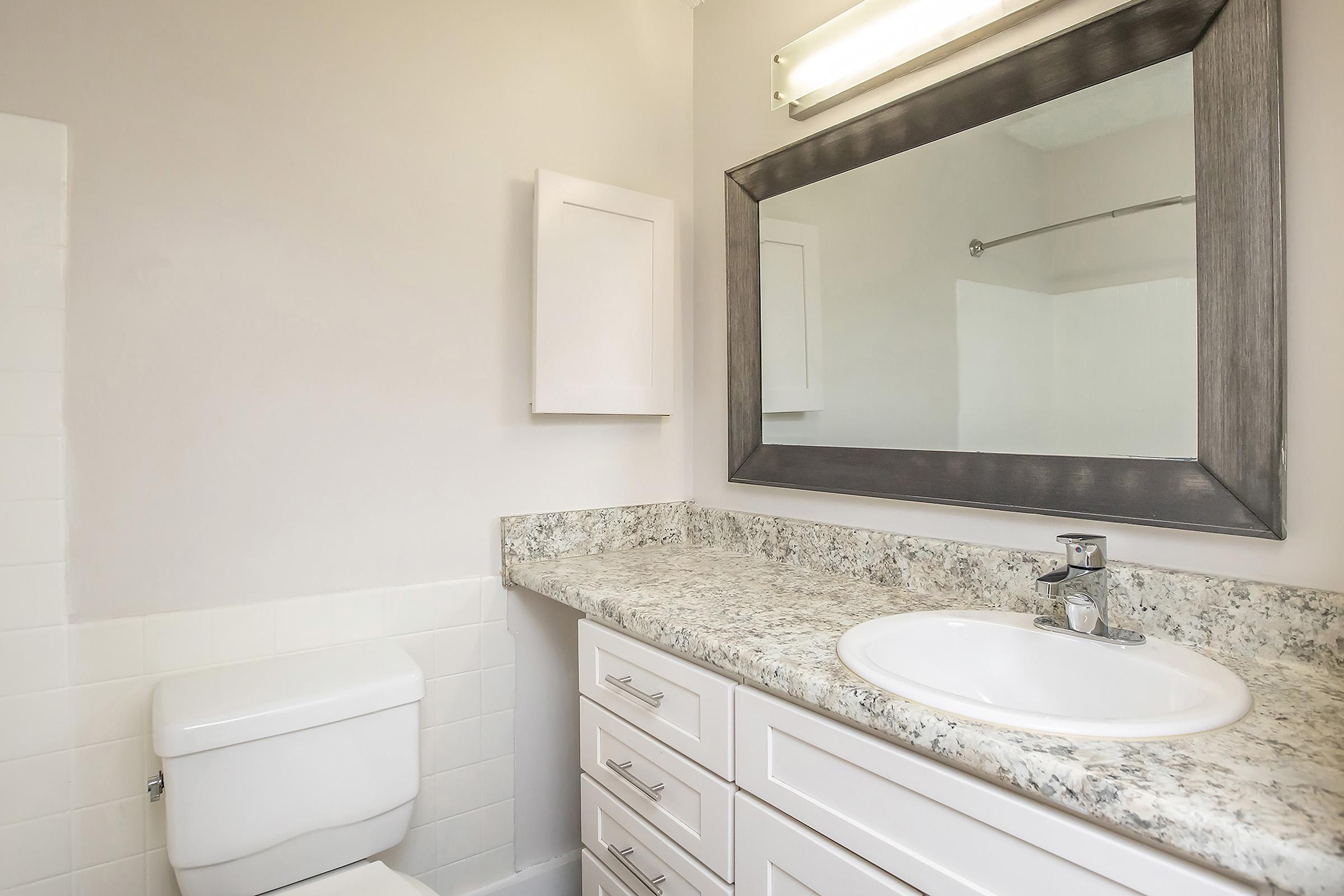 Modern bathroom featuring a white toilet, a granite countertop sink with a faucet, and a large rectangular mirror with a black frame. The walls are painted a soft shade of beige, and there is a small shelf above the toilet. The lighting is provided by a wall-mounted fixture above the mirror.