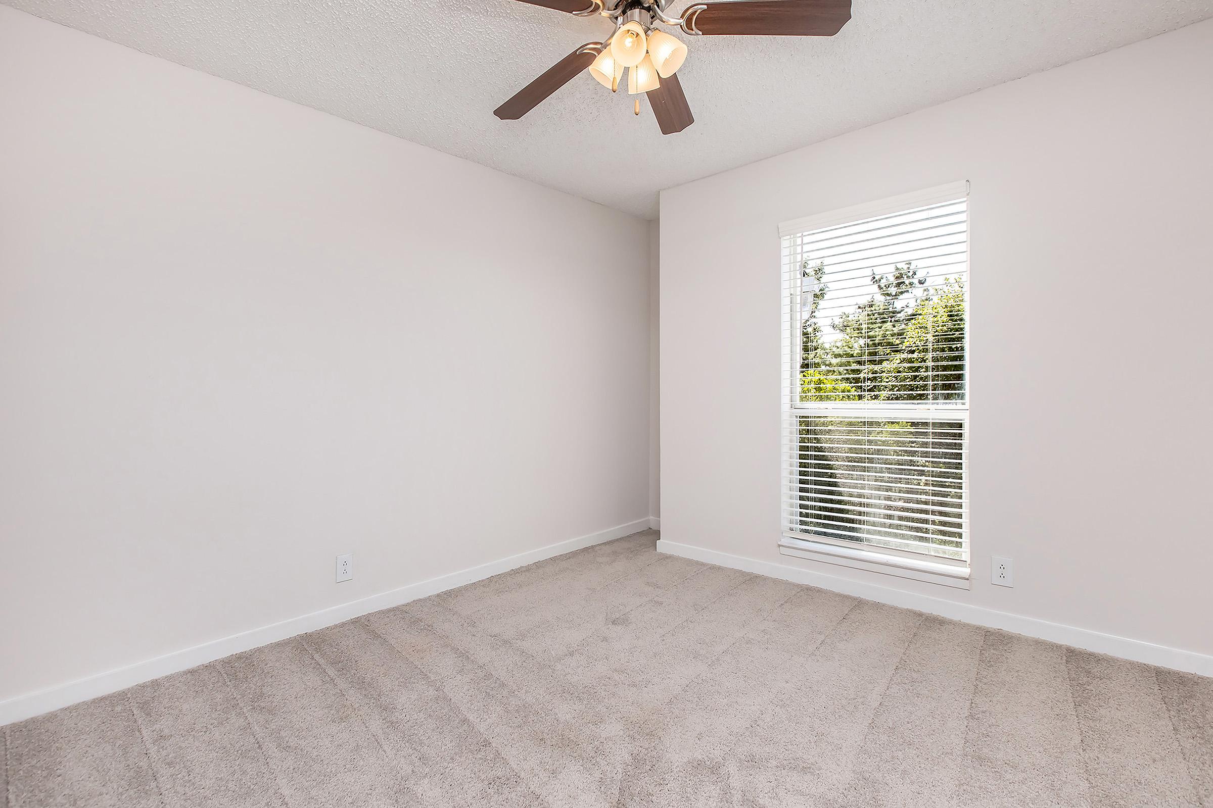 Empty room with light-colored walls and beige carpet. A ceiling fan with wooden blades is visible. A window with white blinds allows natural light to enter, revealing greenery outside. The room appears clean and well-maintained, with ample space for furniture.