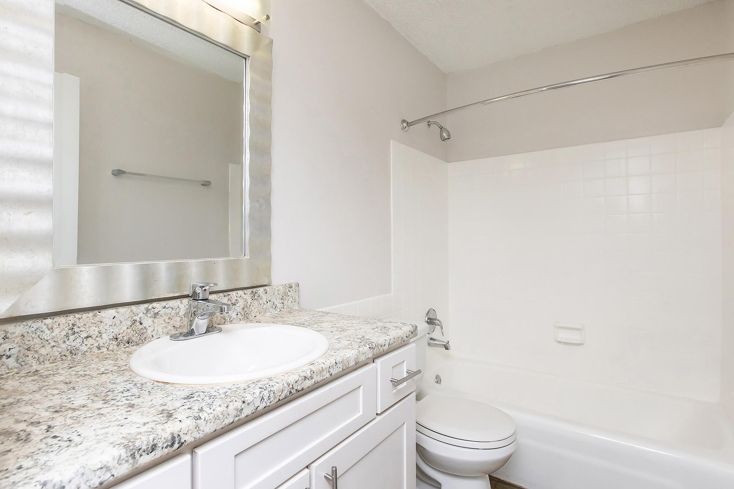 A modern bathroom featuring a white bathtub and shower combination, a granite countertop with a sink, a large mirror above the sink, and light-colored walls. The space is well-lit and has a clean, minimalist design.