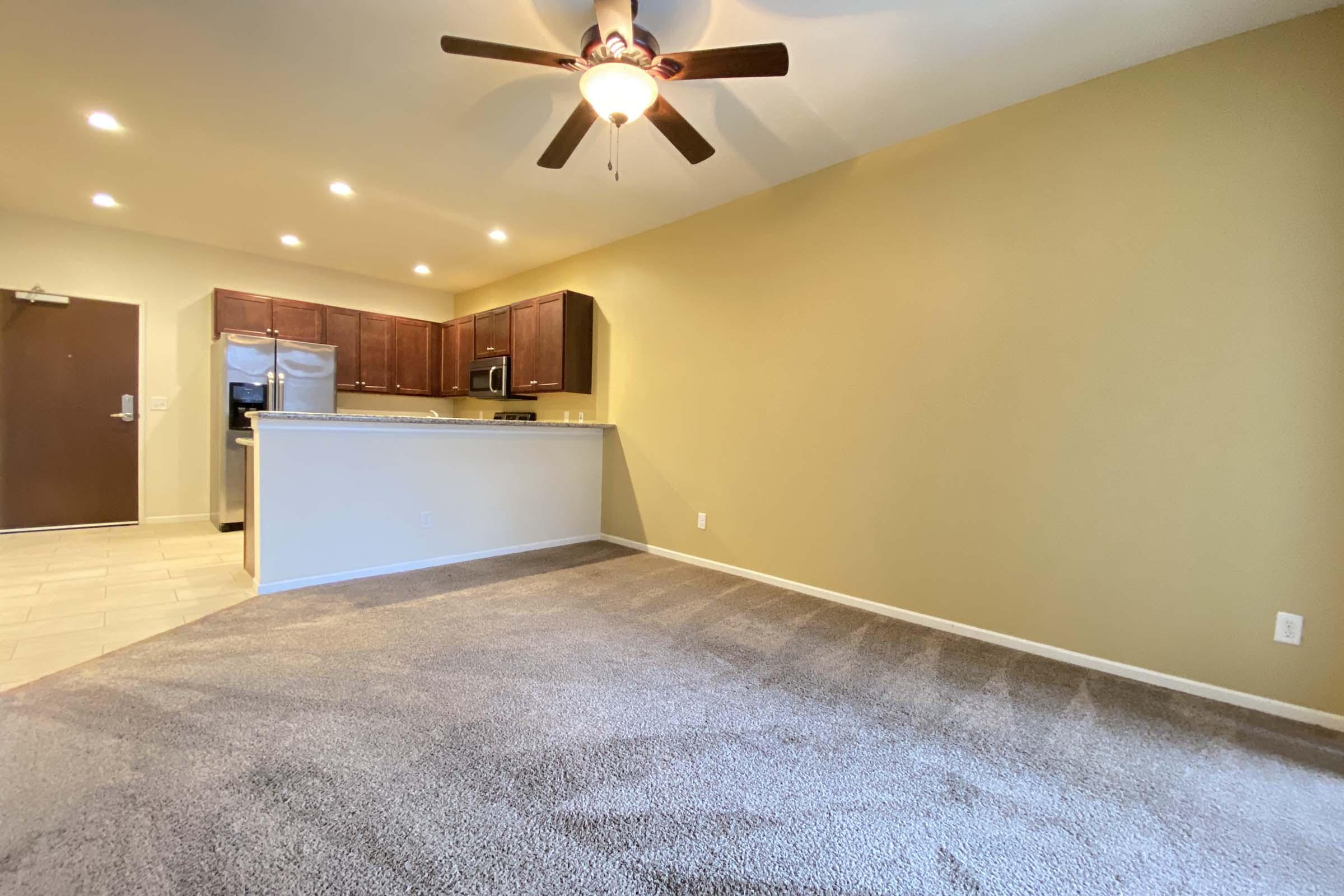 Spacious living area featuring a light brown carpet and a ceiling fan. To the left, a kitchen with wooden cabinets, stainless steel appliances, and a bar area. The walls are painted a warm beige, and there is a door to the left. Recessed lighting illuminates the room, creating a welcoming atmosphere.