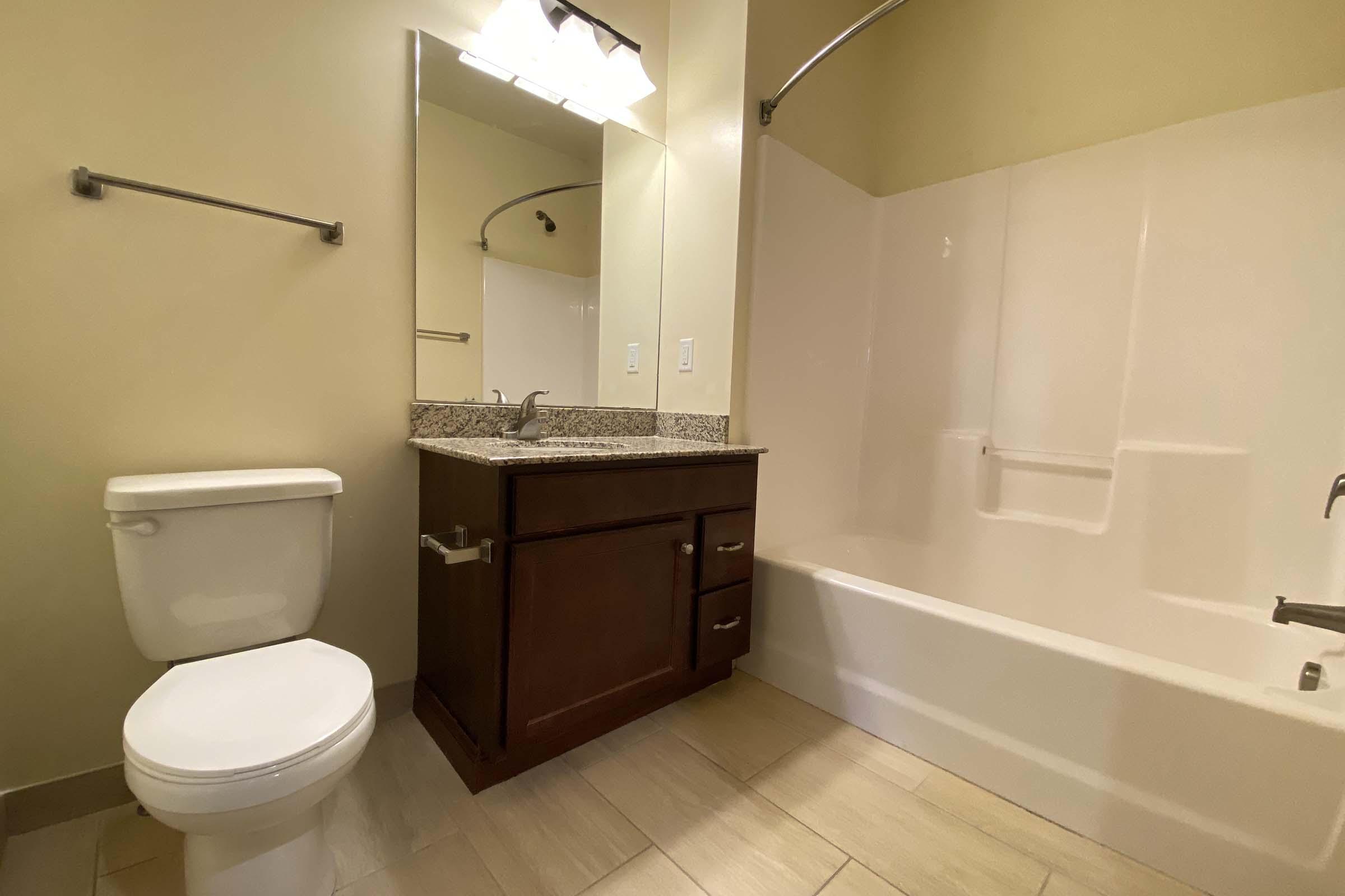 A clean, modern bathroom featuring a white toilet, a dark wood vanity with granite countertop, a large mirror above the sink, and a bathtub with a shower. The walls are painted a soft color, and the floor is tiled, creating a spacious and tidy environment.