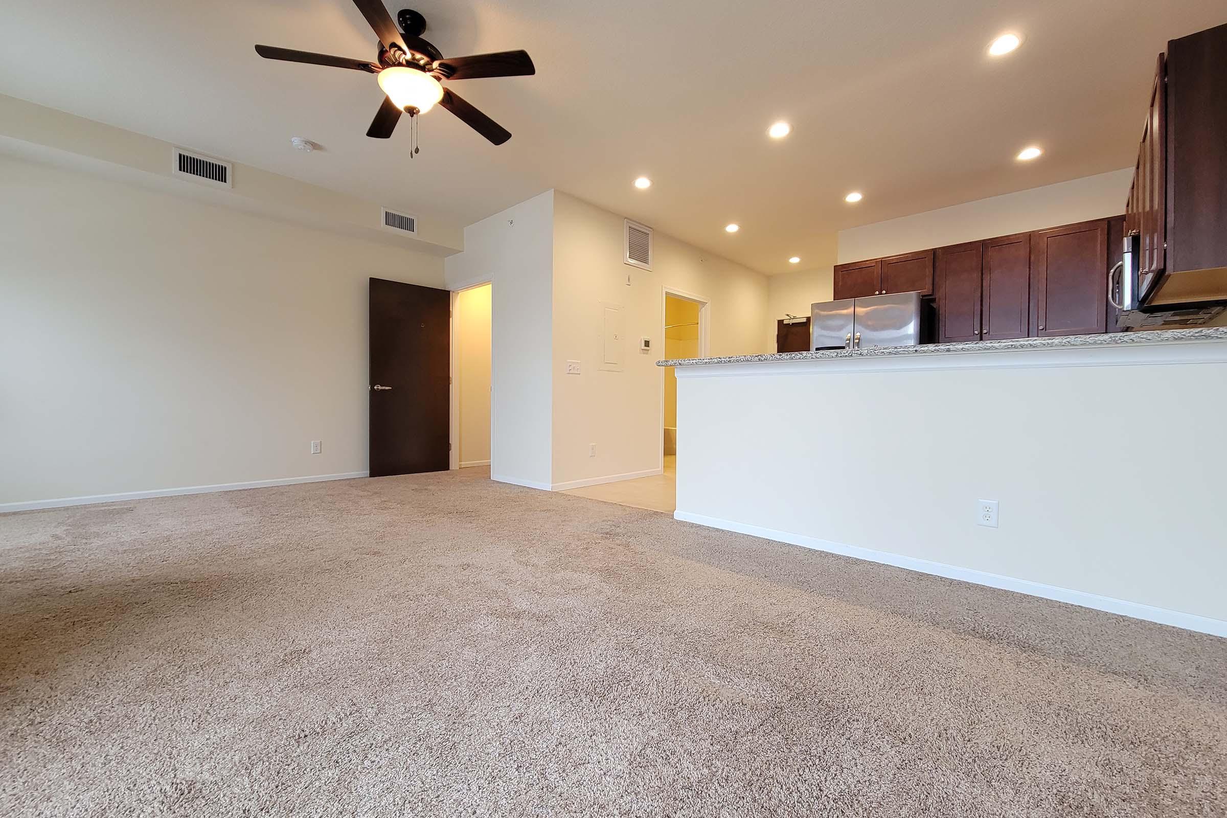 A spacious, well-lit living area featuring beige carpet, a ceiling fan, and an open layout. The kitchen, visible in the background, has dark wood cabinets and stainless steel appliances. Natural light enters through multiple ceiling lights, creating a warm, inviting atmosphere.