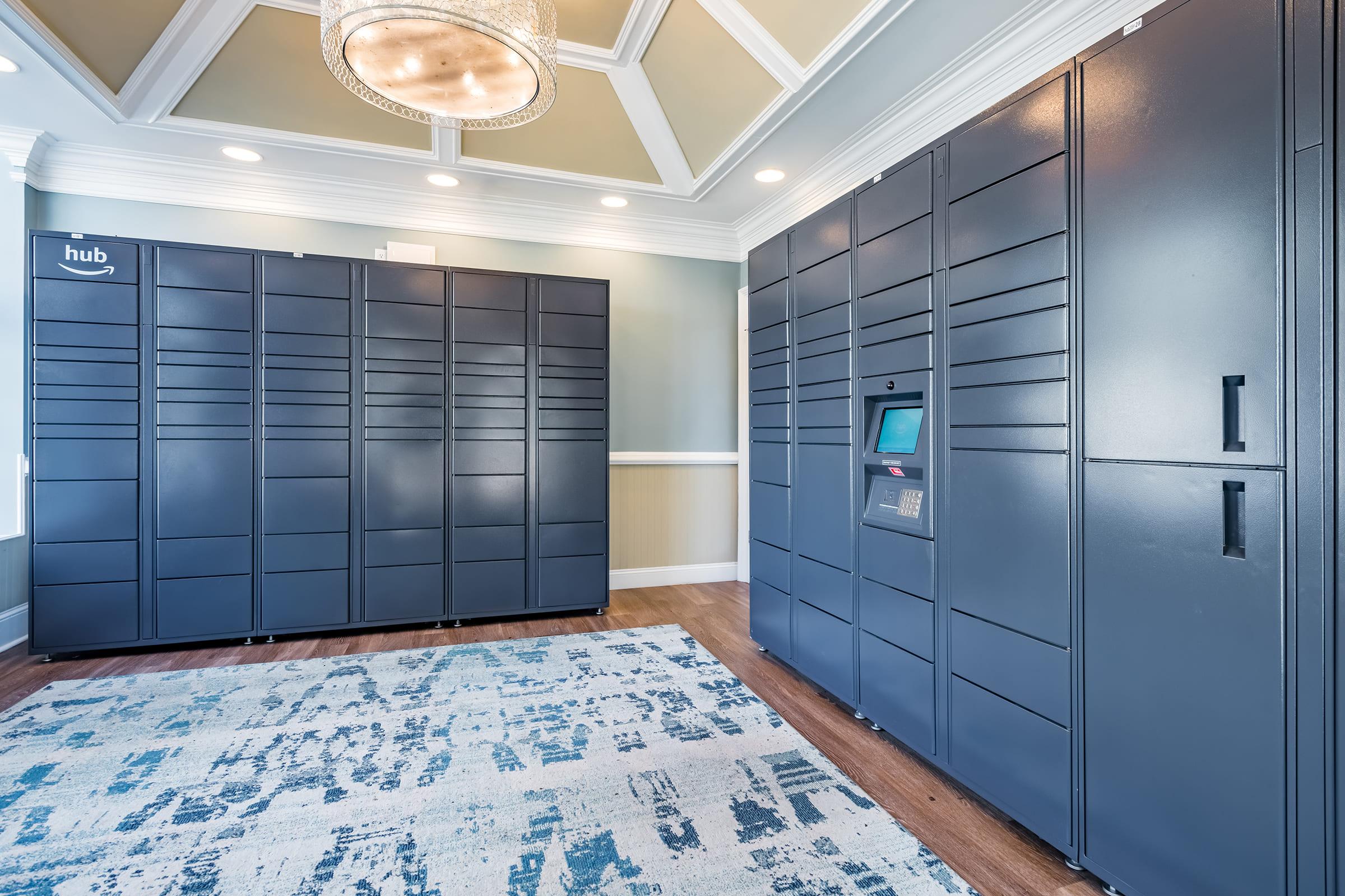 A modern room featuring large gray delivery lockers against light blue walls. The space has a coffered ceiling with a decorative chandelier. A stylish area rug with a subtle pattern is placed on the wooden floor, creating a contemporary and organized atmosphere suitable for package retrieval.