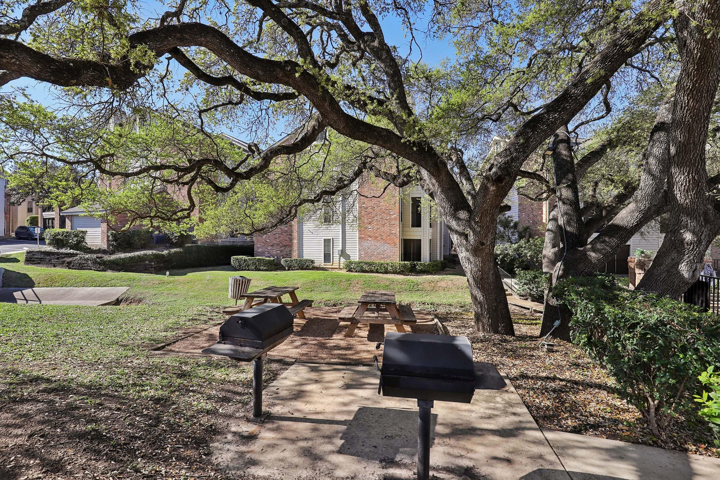 A serene outdoor area featuring two charcoal grills, picnic tables, and large trees providing shade. In the background, there are residential buildings and well-maintained greenery, creating a peaceful setting suitable for gatherings and barbecues.