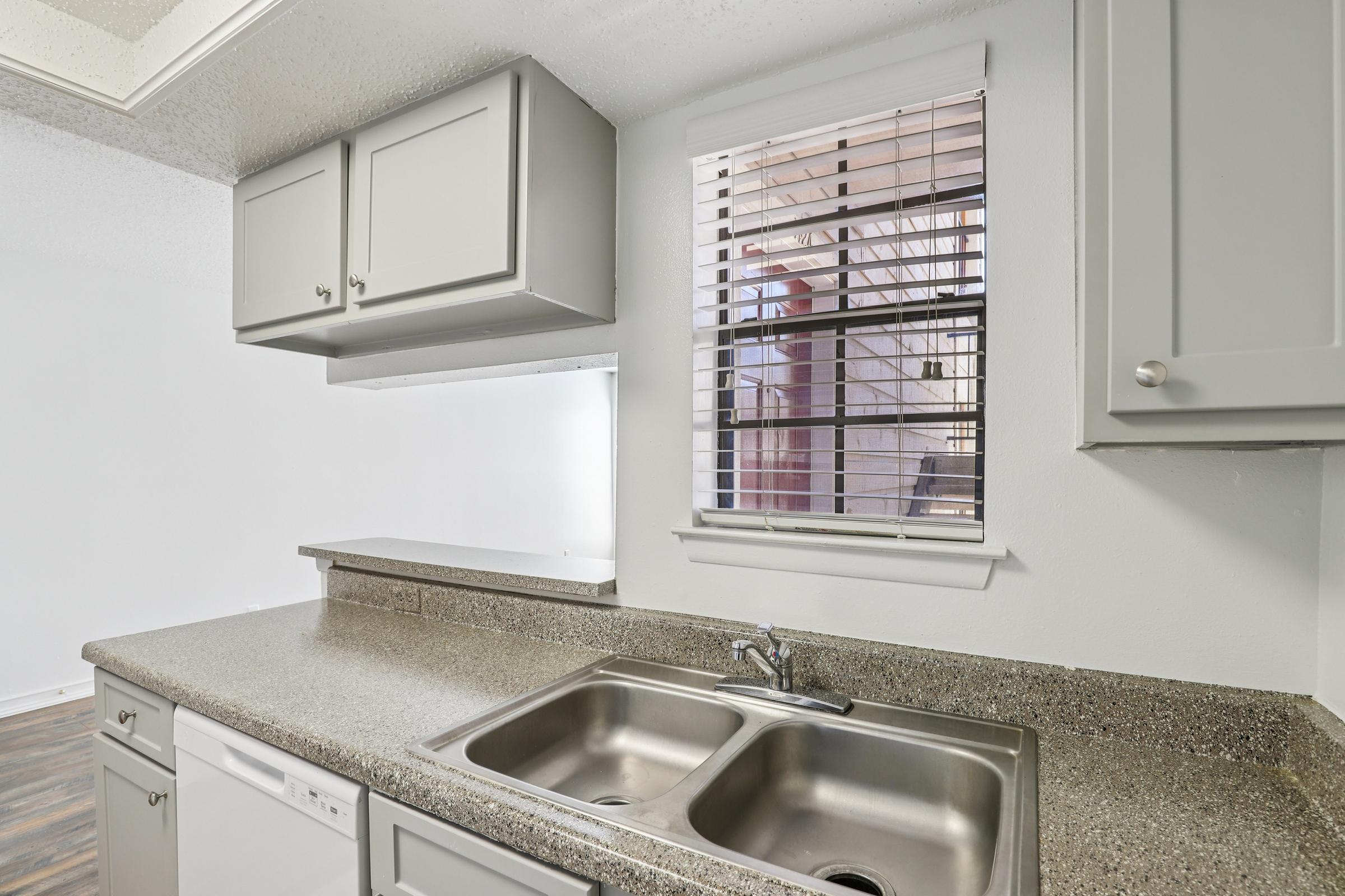 A modern kitchen with a double sink, gray cabinets, and a countertop. There’s a window with blinds allowing light in, showing an outdoor view. A dishwasher is visible under the counter, and the walls are painted white, creating a bright and clean space.