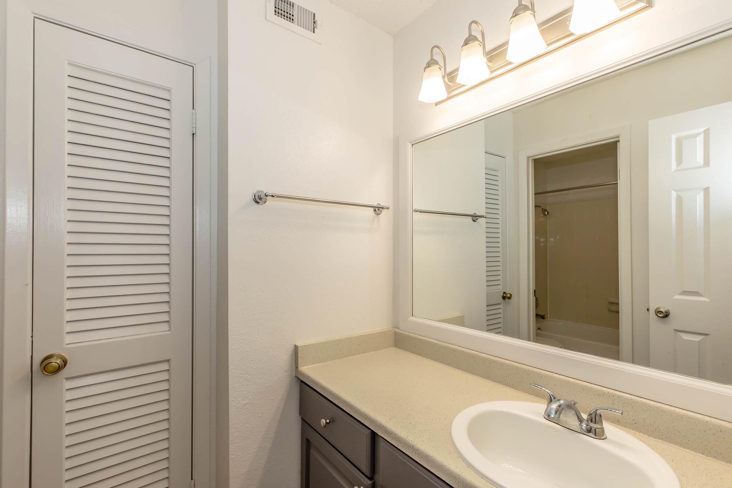 A well-lit bathroom featuring a double sink vanity with a light fixture above, a large mirror, and a towel rack. The cabinetry is dark gray, and there is a folding door on the left. A glimpse of a bathtub is visible through an open door in the background. The walls are painted white, creating a clean and spacious atmosphere.