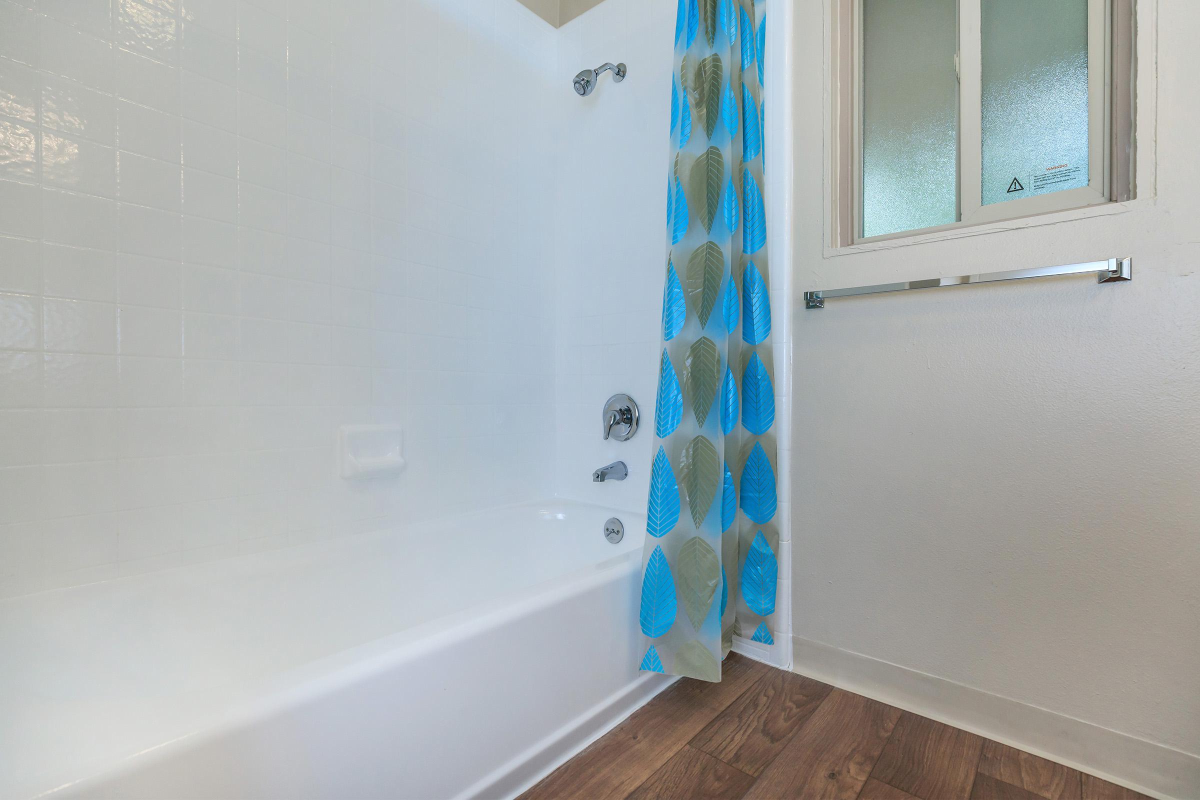 Bathroom with blue and green shower curtain