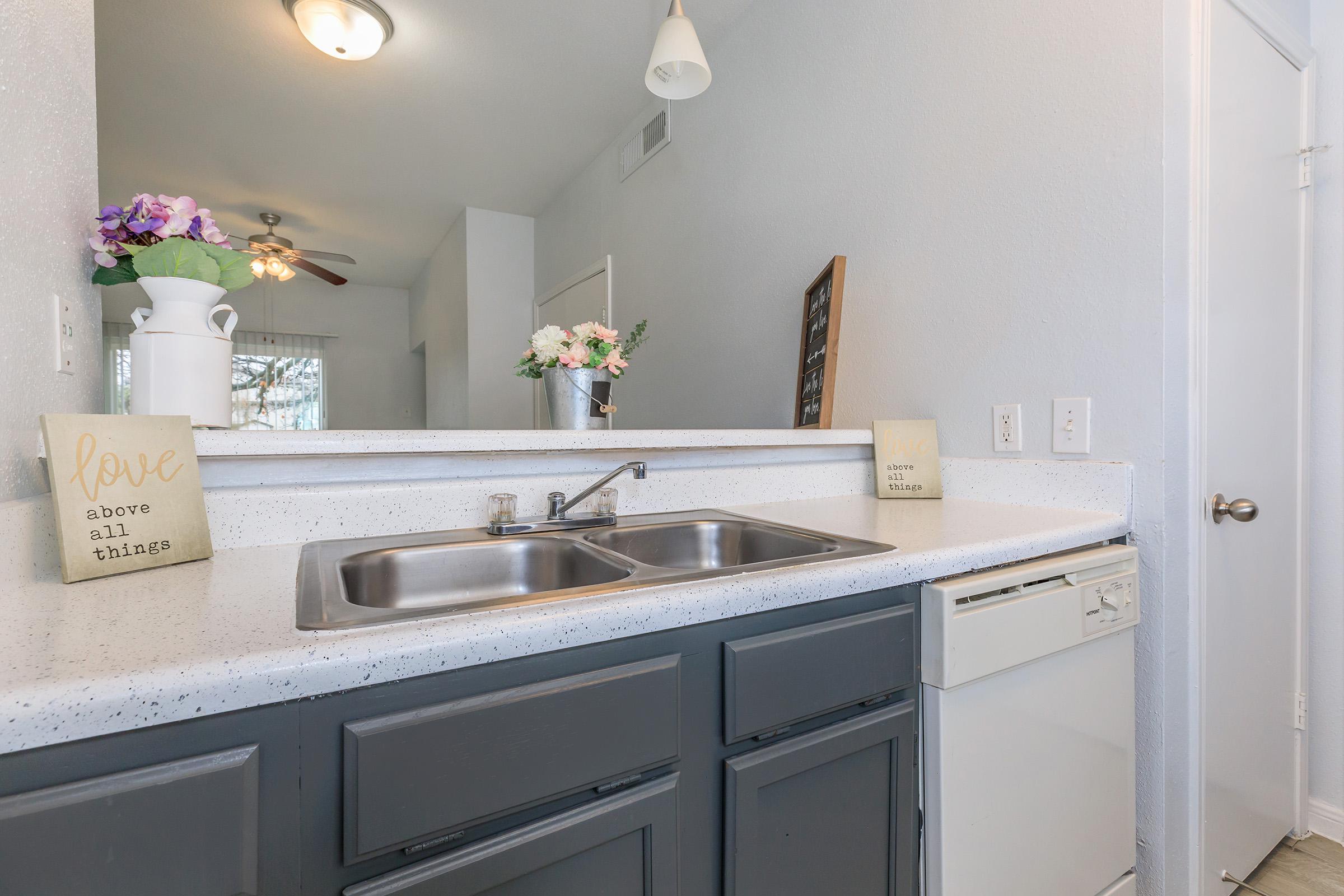 a kitchen with a sink and a mirror