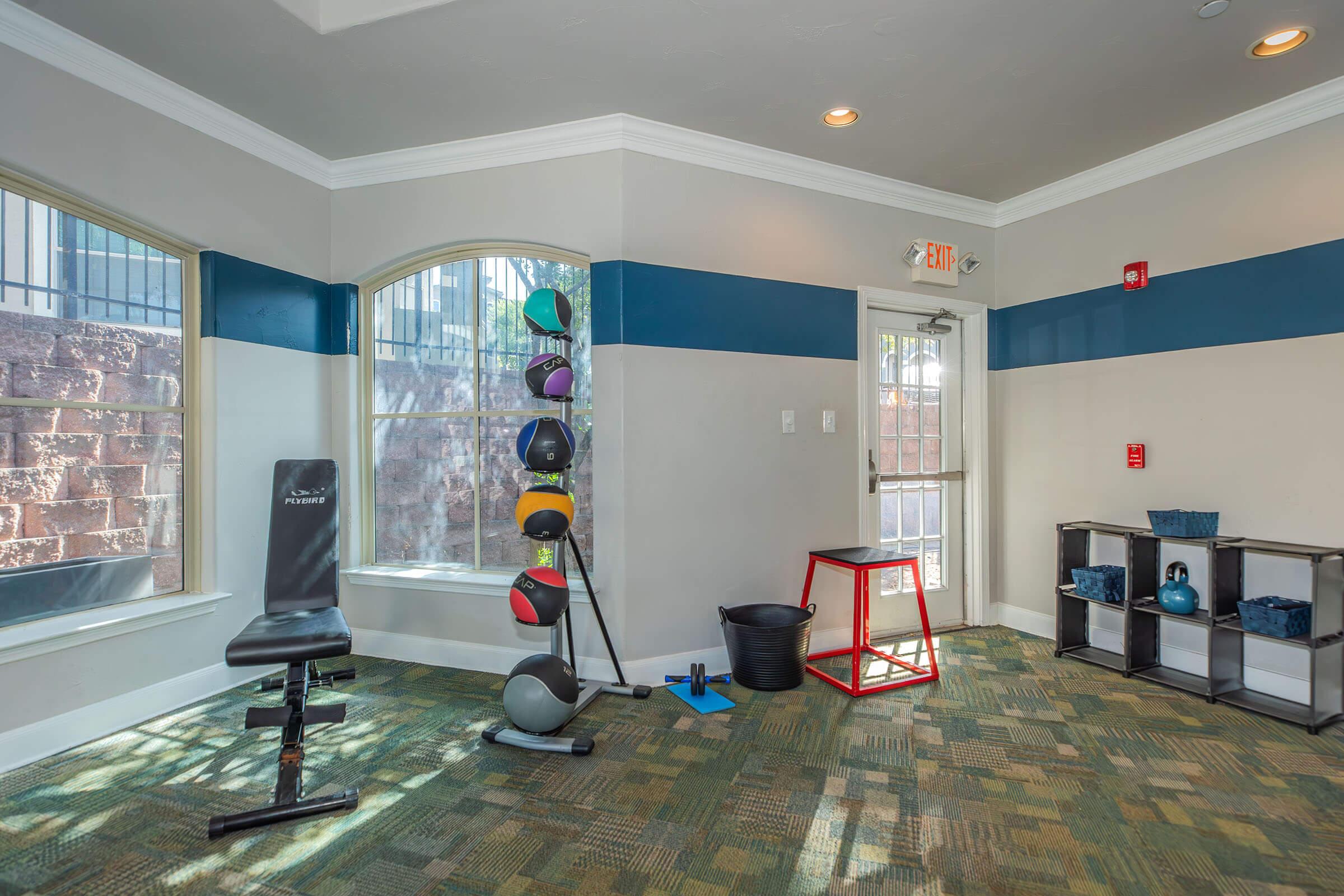 A fitness area featuring a workout bench, a set of colorful medicine balls stacked on a rack, a red plyometric box, and a small shelving unit with exercise accessories. Large windows provide natural light, and the walls are painted in light colors with a blue accent.