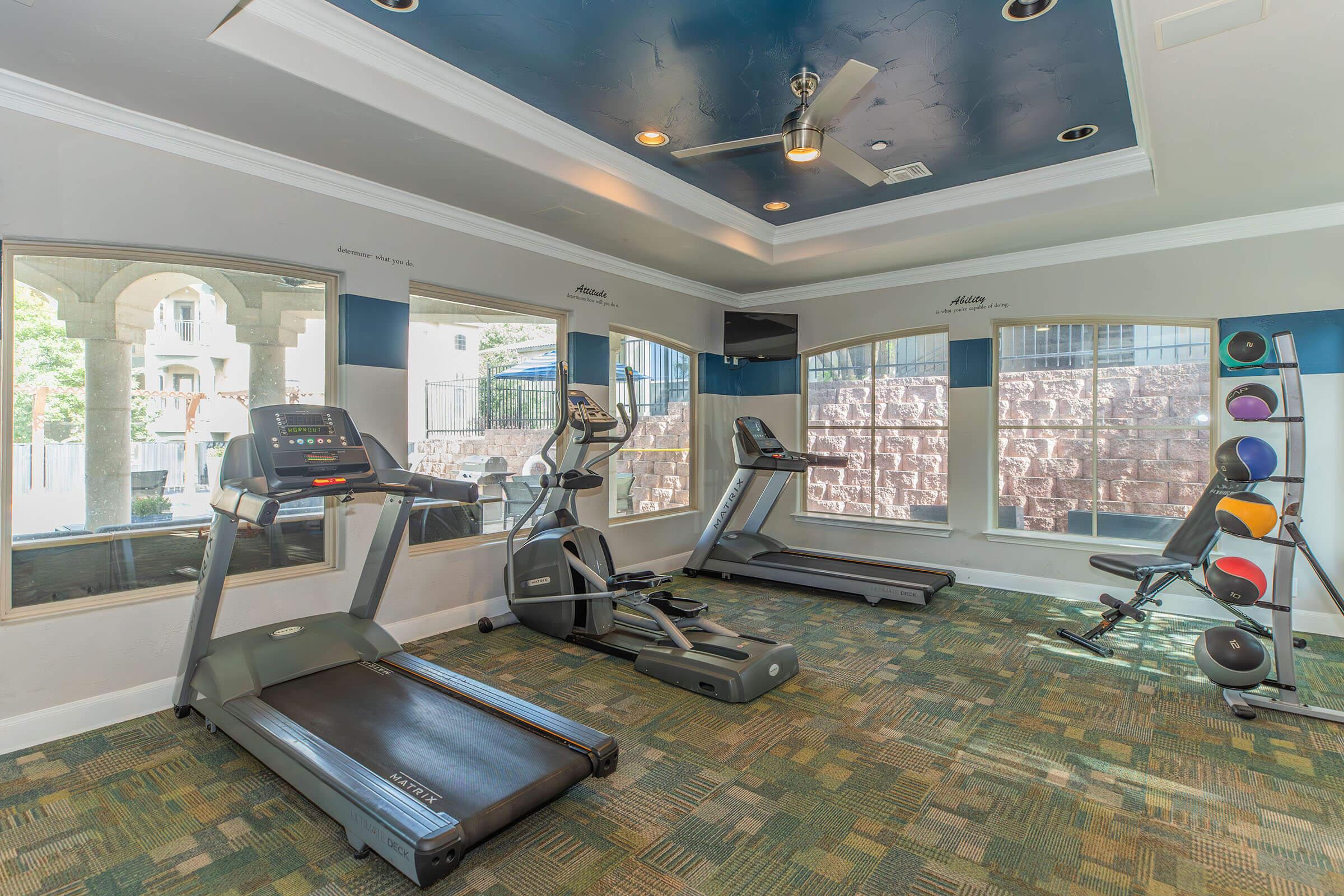 A well-lit fitness room featuring various exercise equipment including a treadmill, elliptical machine, and a strength training station. The space has large windows allowing natural light, with a blue ceiling and green carpeting, creating a welcoming and modern atmosphere for workouts.