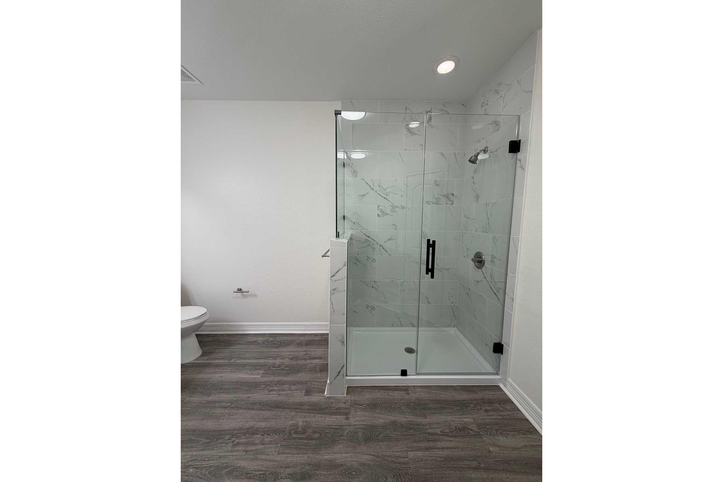 Modern bathroom featuring a glass shower enclosure with black fixtures, a wall adorned with white marble-like tiles, and light hardwood flooring. A toilet can be seen in the background, and the overall color scheme is bright and neutral. Ceiling lights provide ample illumination.