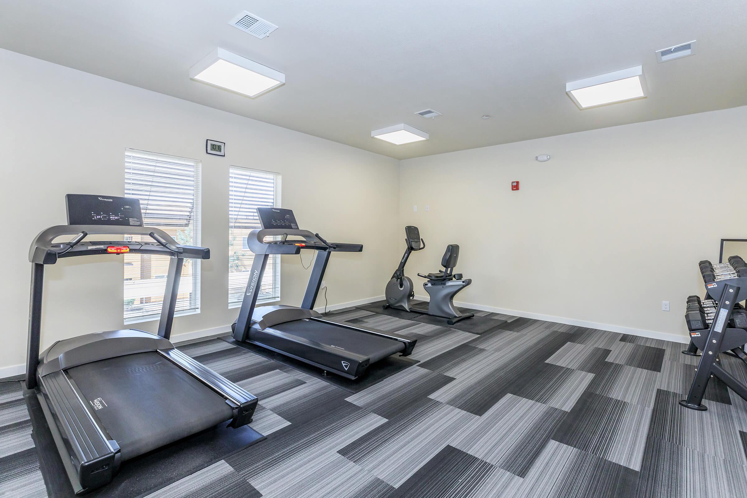 A gym or fitness room featuring two treadmills, a stationary bike, and a set of free weights. The space is well-lit with natural light from several windows and has a modern design, with a black and gray patterned floor.