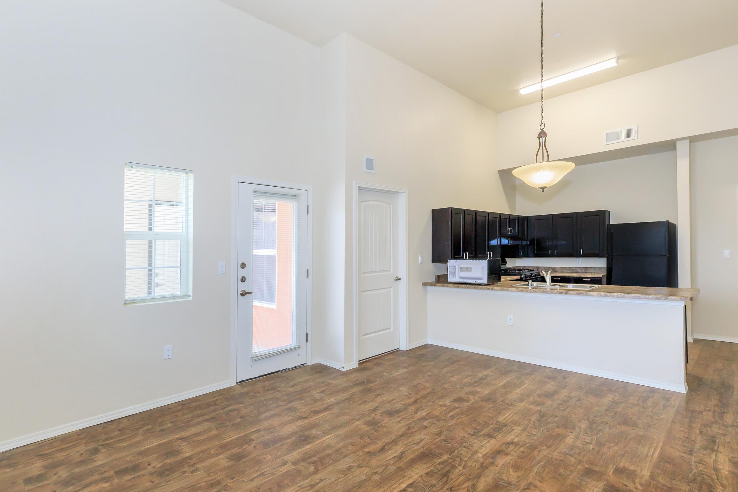 A spacious, modern living area featuring high ceilings and hardwood-style flooring. The room includes a kitchenette with dark cabinetry and stainless steel appliances, alongside a door leading outside and a window allowing natural light.