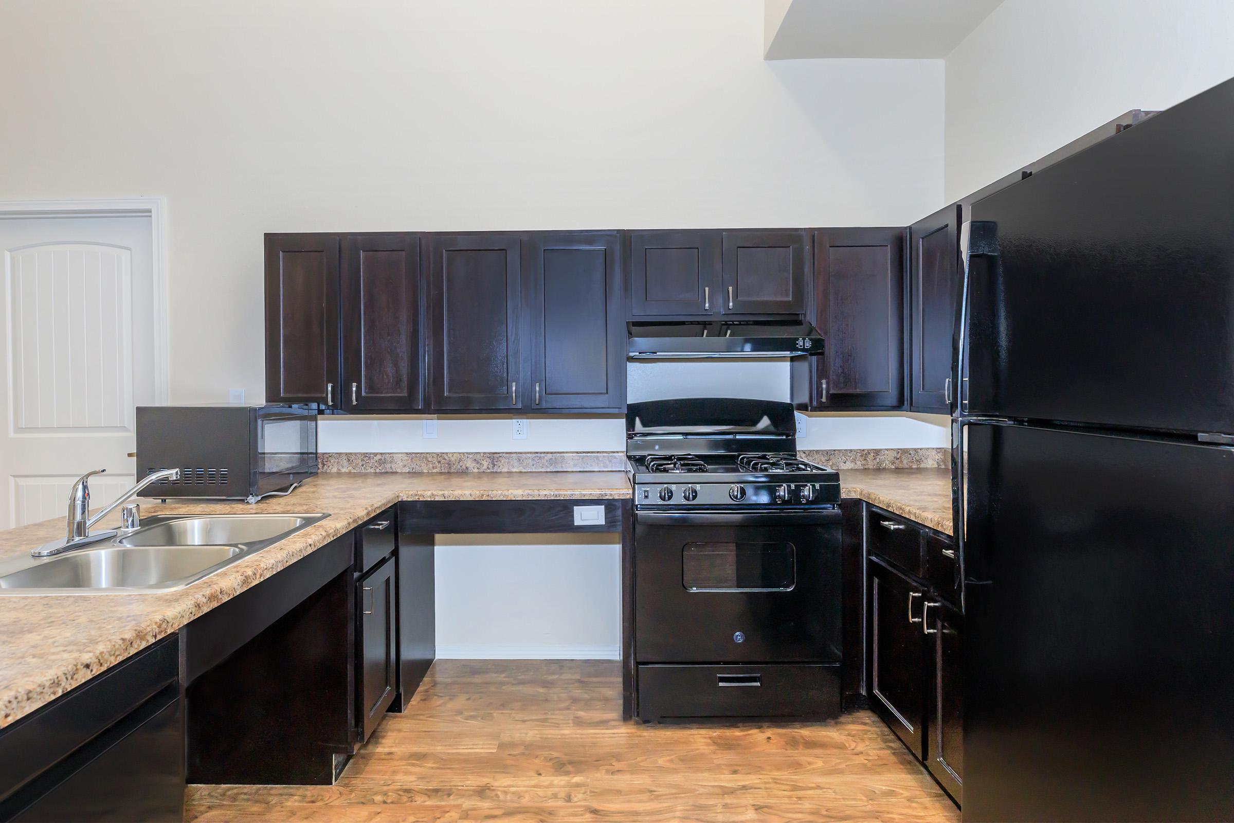 Modern kitchen featuring dark wooden cabinets, a black gas stove, and a black refrigerator. The countertops are a light stone texture, and there is a double sink against the wall. The kitchen is well-lit with neutral-colored walls, creating a spacious and inviting atmosphere.