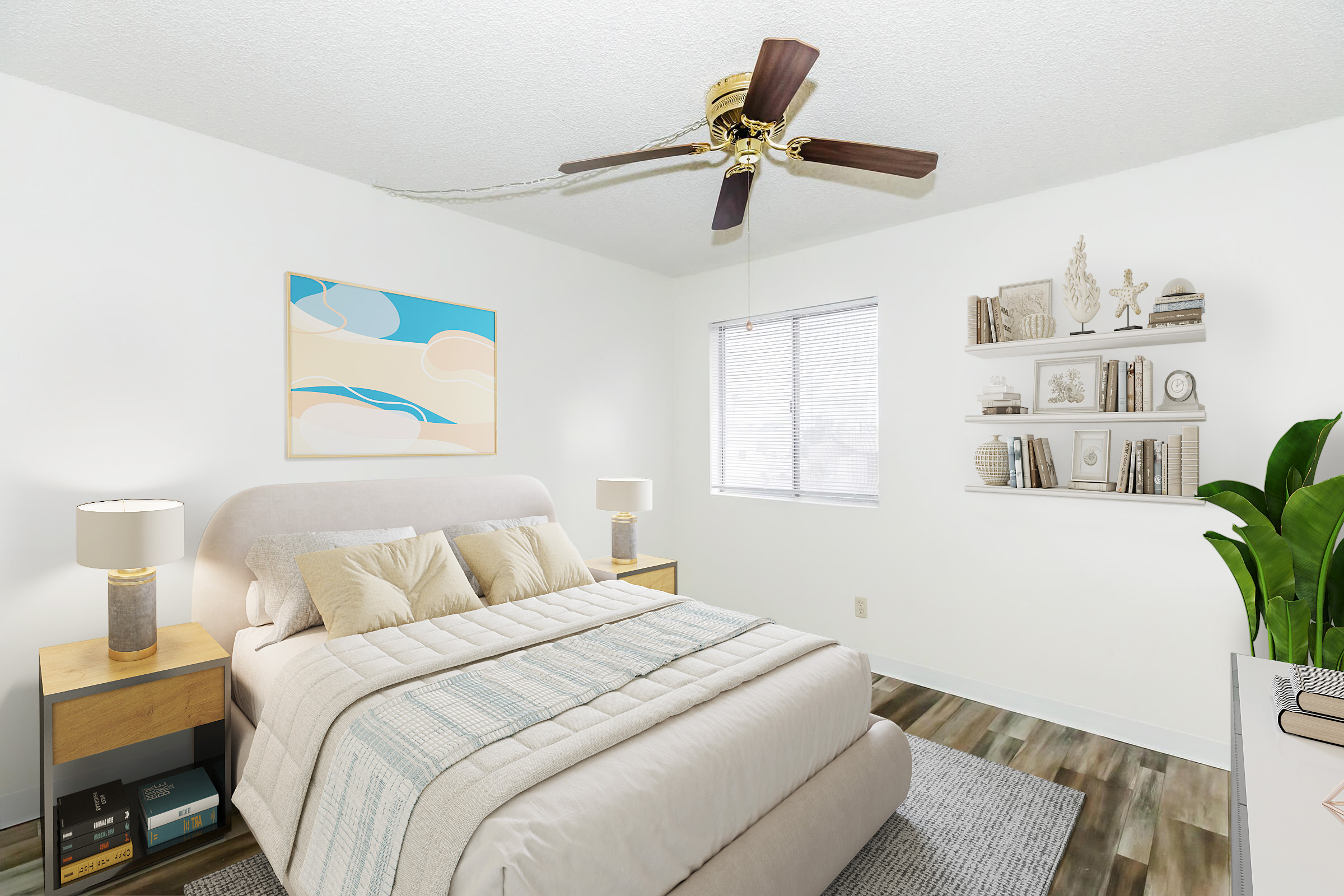 A bright and airy bedroom featuring a queen-sized bed with a light-colored comforter and decorative pillows. Two wooden nightstands with lamps are on either side. A ceiling fan hangs above, and a large window allows natural light to enter. A minimalistic shelf displays books, and a potted plant adds a touch of greenery.