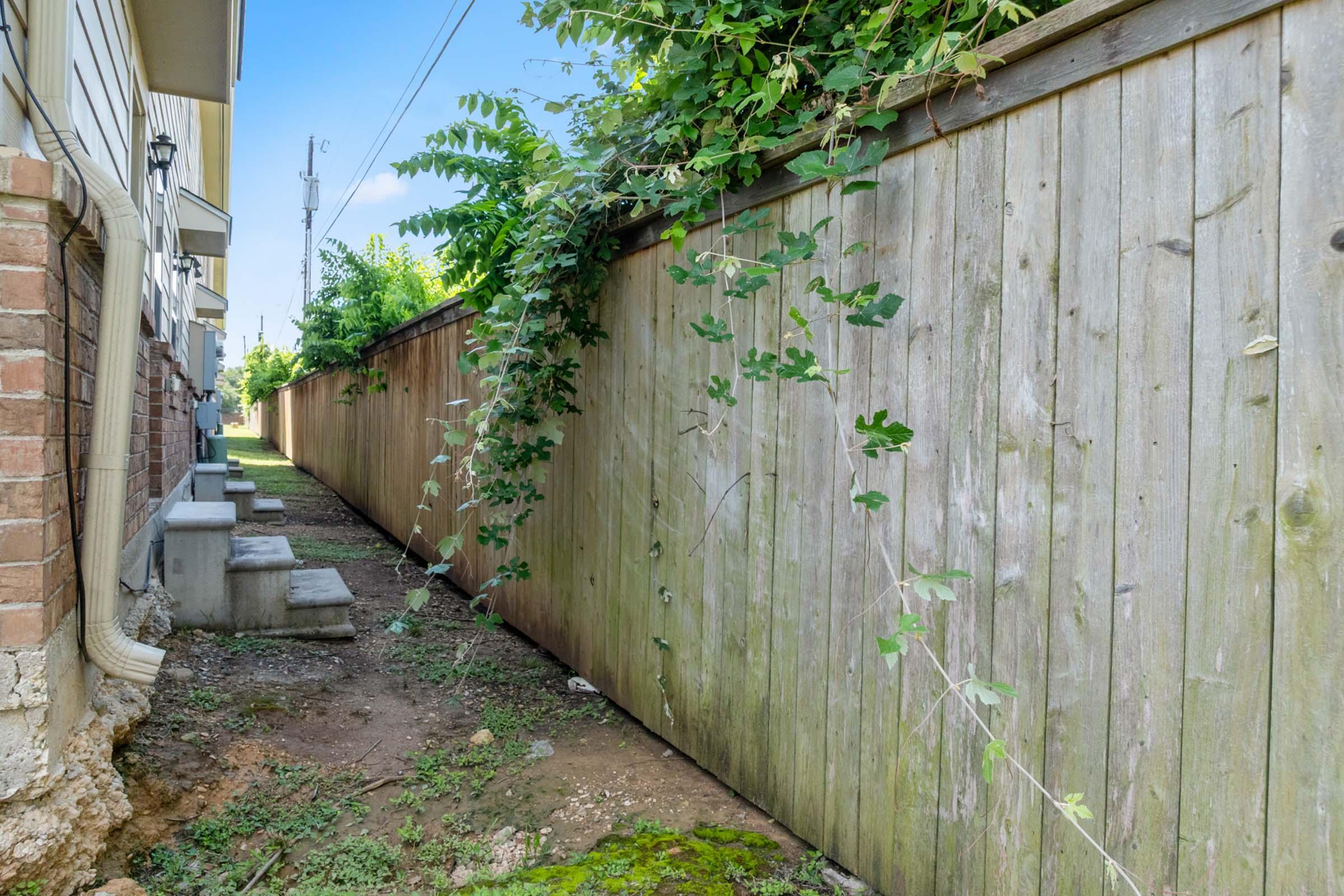 Narrow pathway between two wooden fences, featuring overgrown greenery along the sides. Sunlight filters in from above, illuminating the dirt ground and highlighting moss-covered areas. A few concrete steps lead into the space, surrounded by a well-maintained neighborhood.
