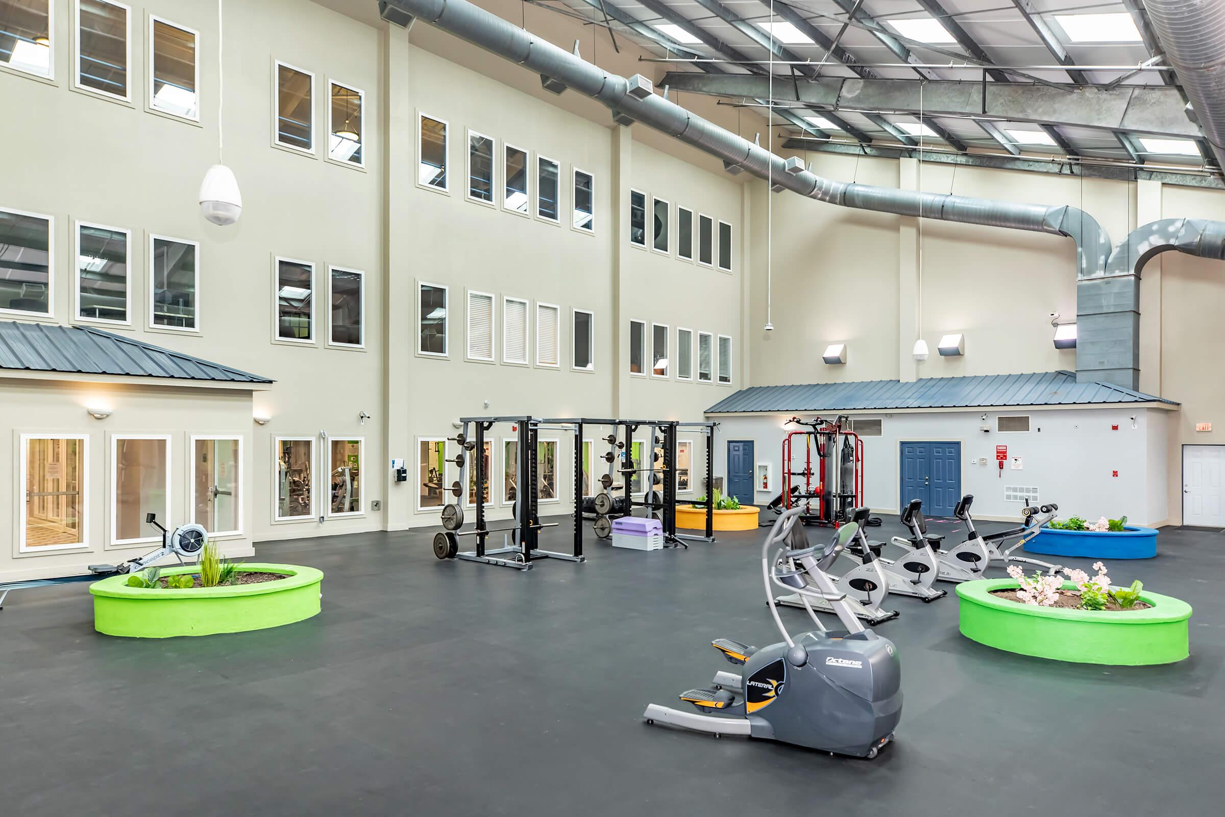 A spacious gym with exercise equipment, including weightlifting racks, stationary bikes, and ellipticals. The room features large windows for natural light and colorful planters with plants. The flooring is black rubber, and the ceiling is high with industrial ventilation.