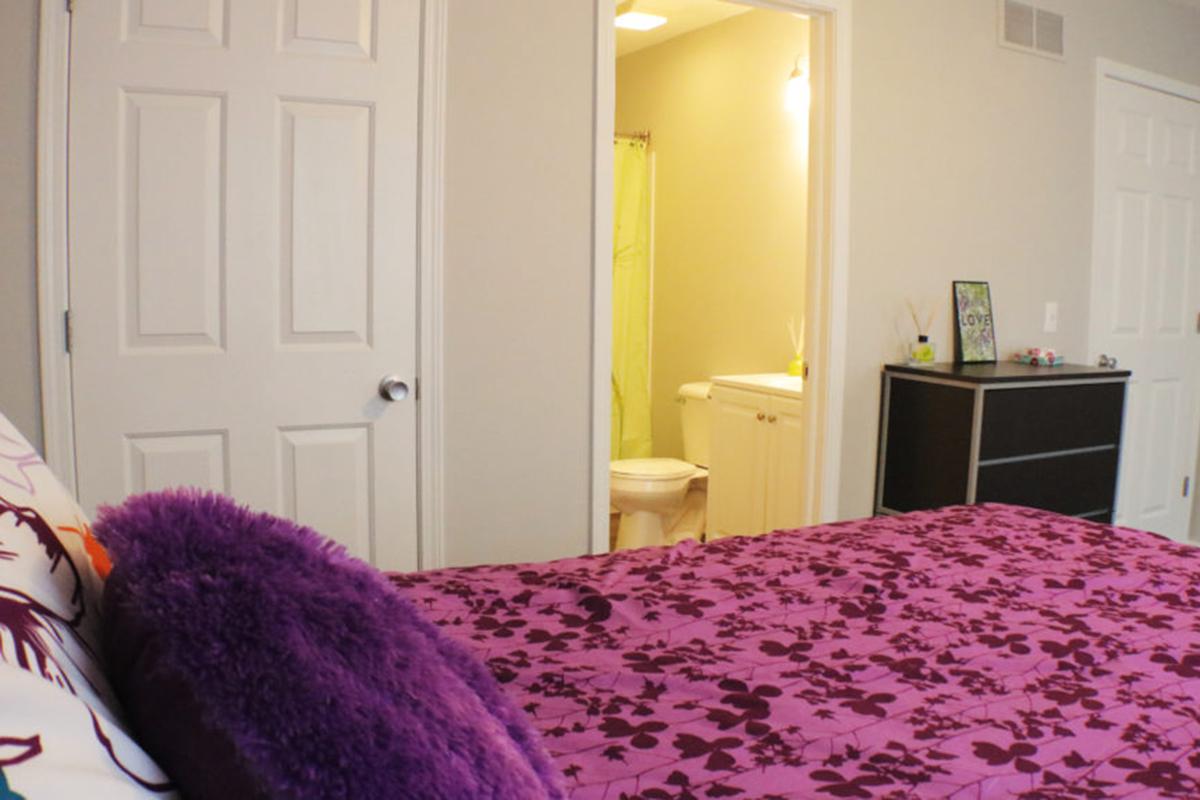 a bedroom with a purple blanket on a bed