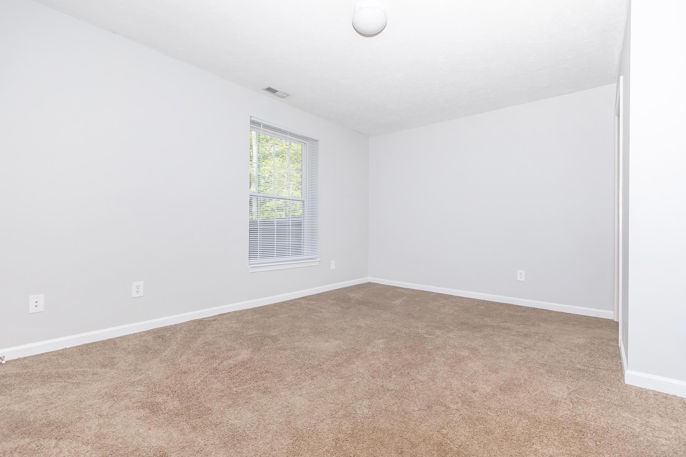 An empty room with light gray walls and a ceiling light fixture. The floor is covered with beige carpet. A single window offers natural light, and the space appears bright and open, suitable for various uses or decoration.