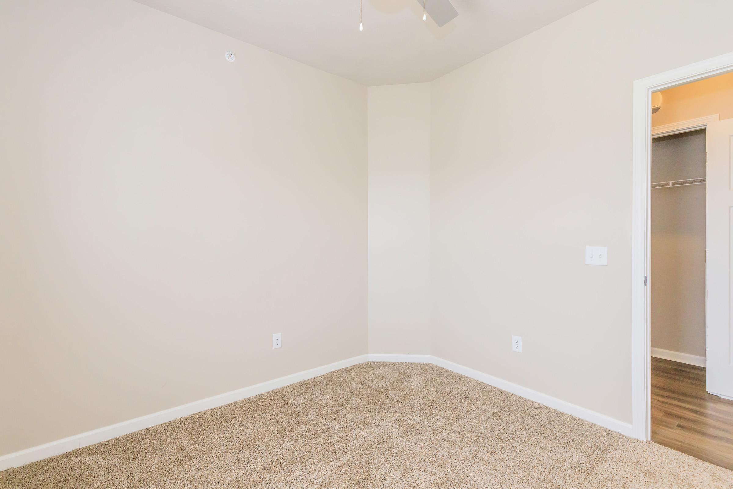 Empty room with light beige walls and carpeted flooring. A ceiling fan is visible, and there is a door leading to a closet on the right side. The space is brightly lit with natural light, creating a warm, inviting atmosphere. Ideal for personalization and decoration.